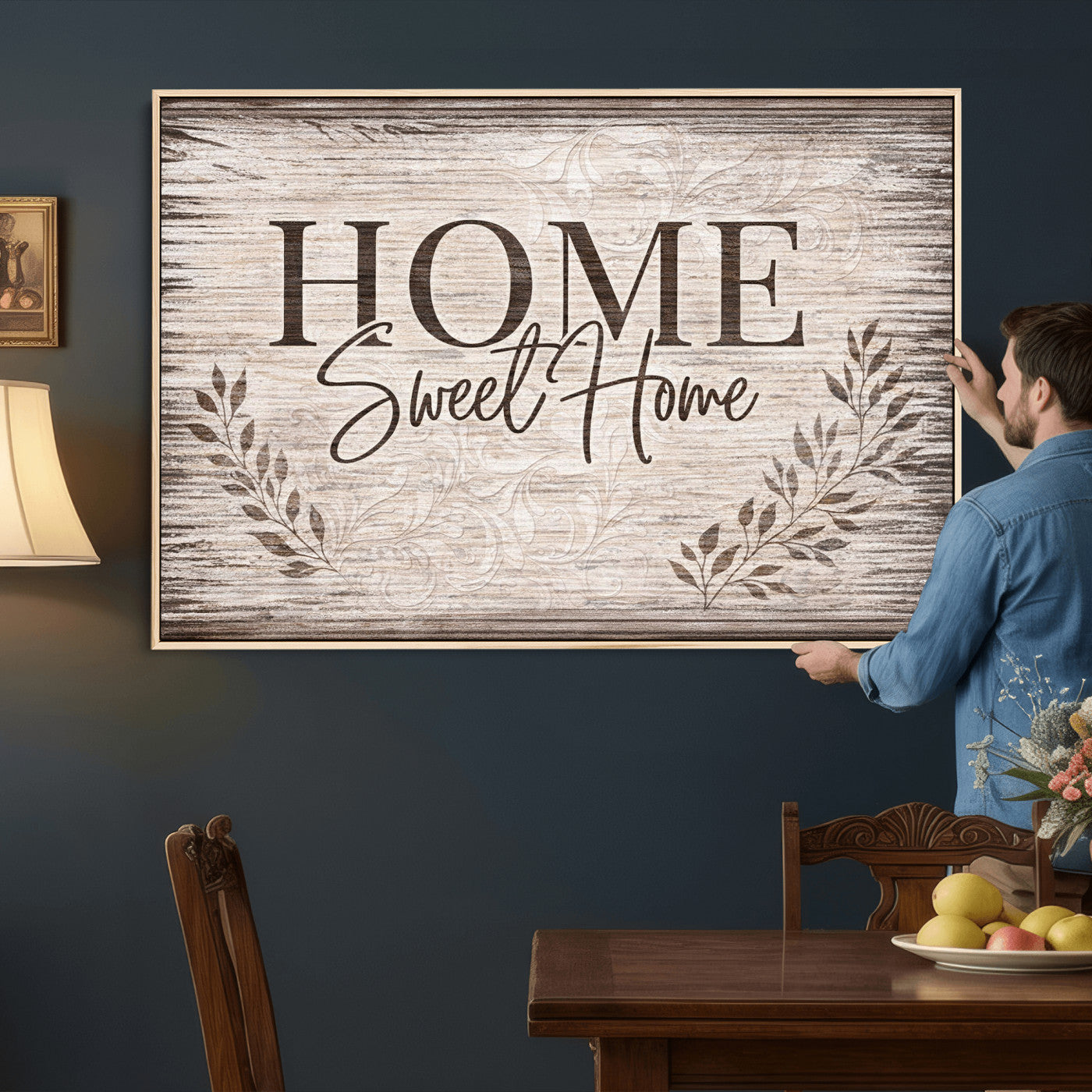 81157008S-MGV-CV-36X24 - Home Sweet Home Wall Art Canvas Print, Floral Farmhouse Sign, Rustic Neutral Entryway Bedroom Living Room Decor
