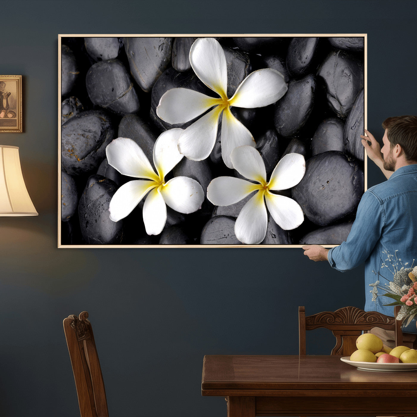 43639613-MGV-CV-36X24 - Plumeria Frangipani Black Stone Canvas | White Flower Spa Photography Print | Tropical Zen Wall Art | Grey Pebble Floral Decor