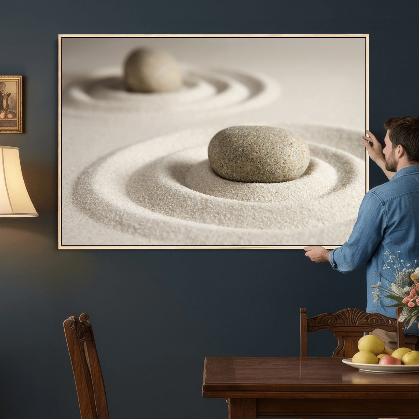 13397966-MGV-CV-36X24 - Zen Garden Stone Sand Canvas | Japanese Rock Garden Wall Art | Minimalist Meditation Print | Neutral Beige Mindfulness Decor