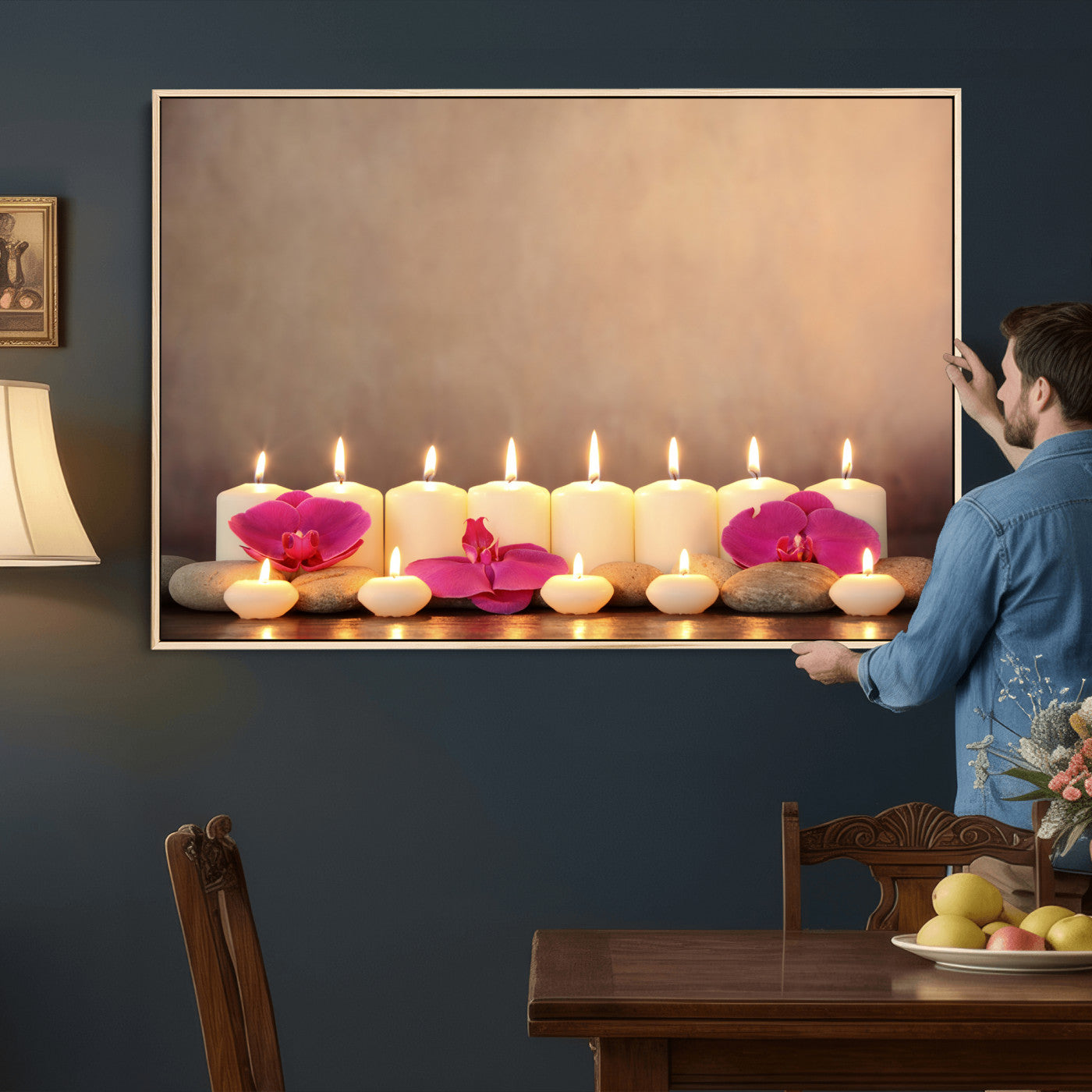 59470569-MGV-CV-36X24 - Spa Candles Orchid Canvas Print | Zen Wellness Relaxation Wall Art | Pink Flower Candlelight Bathroom Decor | Calm Beige Photography