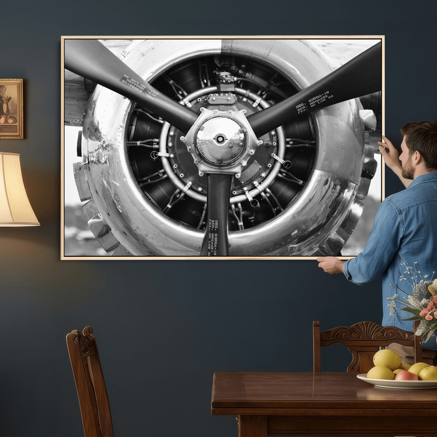73322230-MGV-CV-36X24 - Vintage Propeller Plane Wall Art Canvas Print, Black and White Airplane Engine Close Up Framed Aviation Artwork for Pilot Office Hangar Decor
