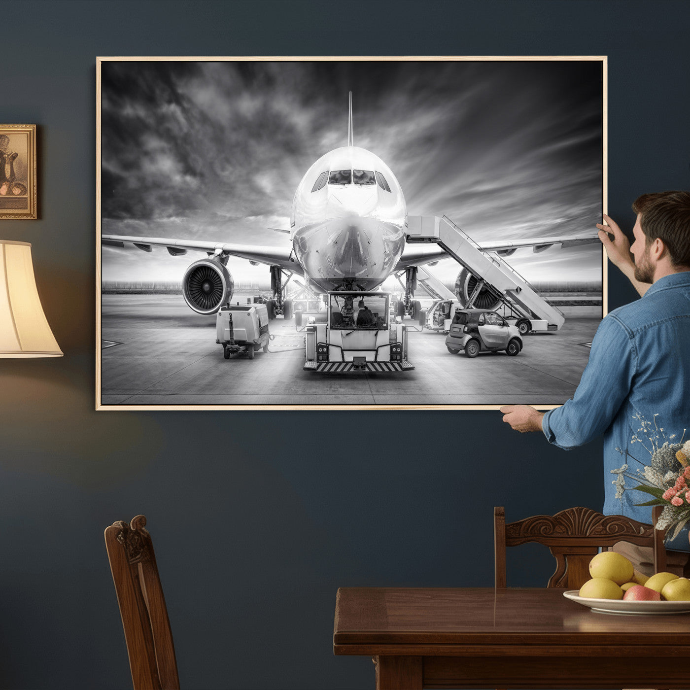 85885848-MGV-CV-36X24 - Airplane Wall Art Canvas Print, Black and White Jet Aircraft Airport Runway Framed Aviation Artwork for Pilot Office Hangar Travel Decor