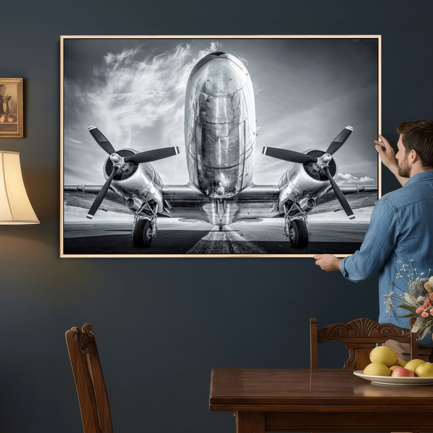 59729636-MGV-CV-36X24 - Vintage Propeller Plane Wall Art Canvas Print, Black and White Airplane Engine Close Up Framed Aviation Artwork for Pilot Office Hangar Decor