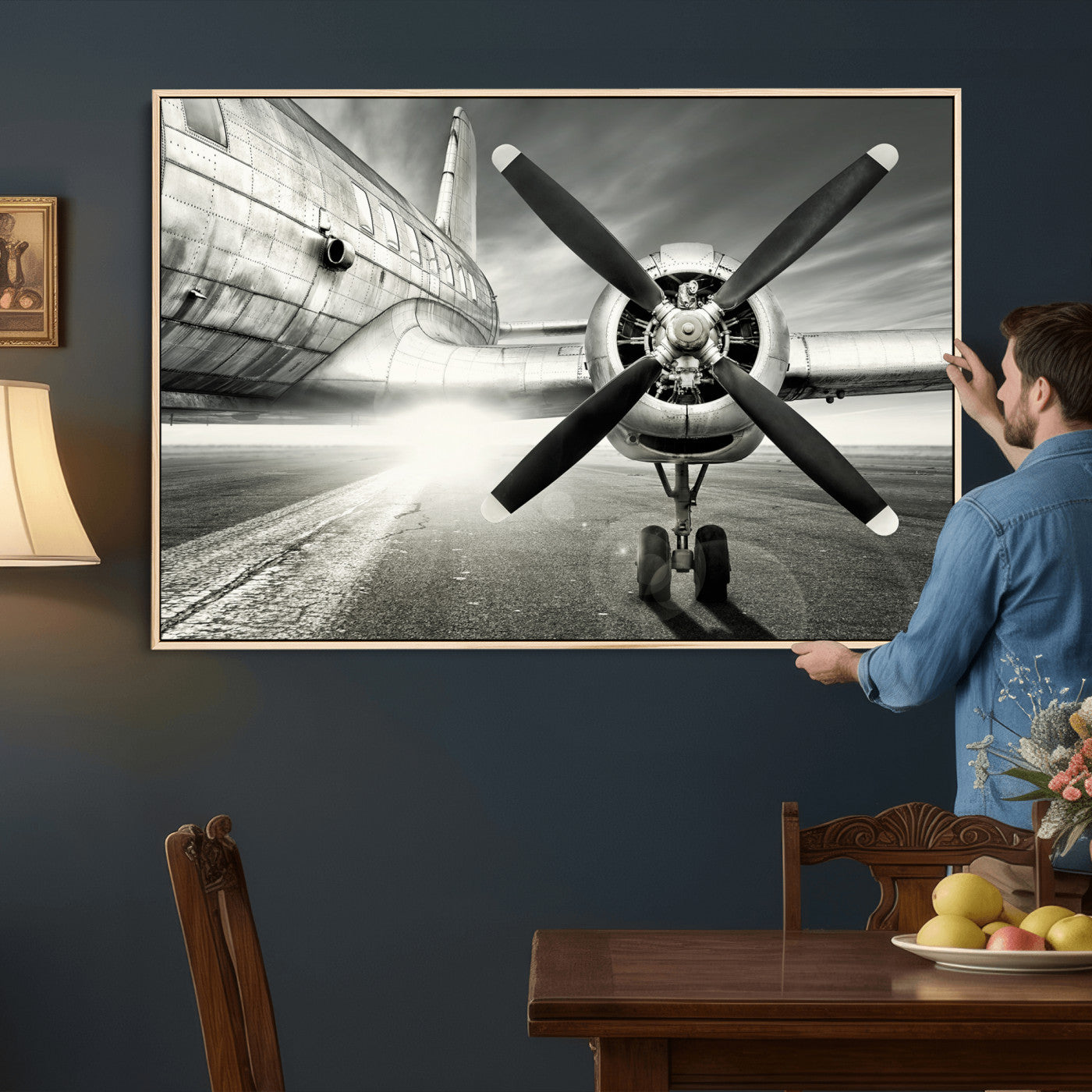 16420255-MGV-CV-36X24 - Vintage Airplane Wall Art Canvas Print, Black and White Propeller Aircraft Framed Aviation Artwork for Pilot Office Hangar Living Room Decor