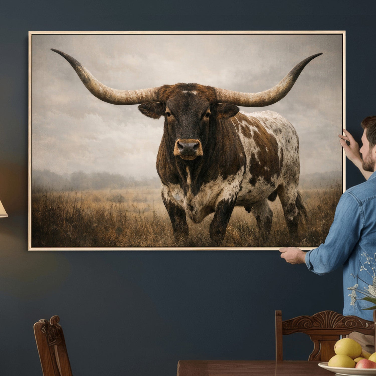 17622011L-MGV-CV-36X24 - Longhorn Bull Wall Art Canvas Print, Western Farmhouse Cowboy Decor, Rustic Texas Ranch Cattle Artwork for Living Room Bedroom Office, Framed Wall Decor