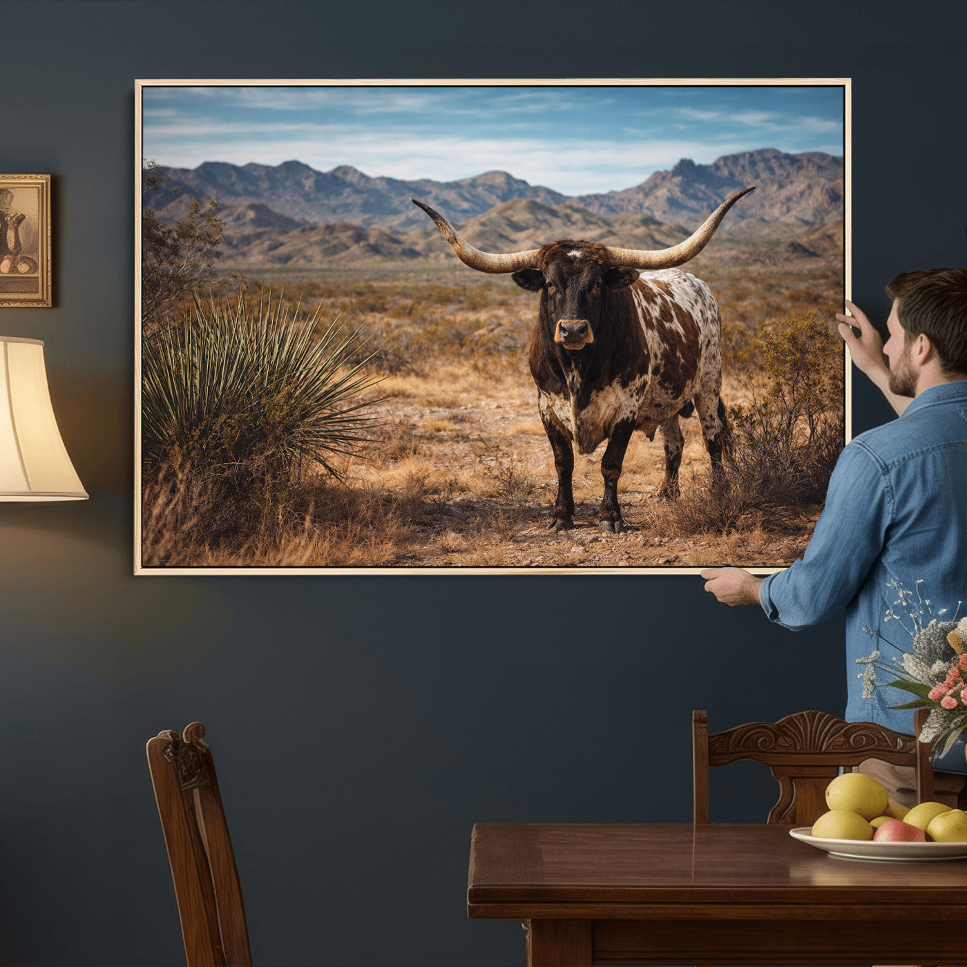 17622011S-MGV-CV-36X24 - Texas Longhorn Bull Wall Art Canvas Print, Western Farmhouse Cowboy Decor, Rustic Texas Ranch Cattle Artwork for Living Room Bedroom Office, Framed Wall Decor