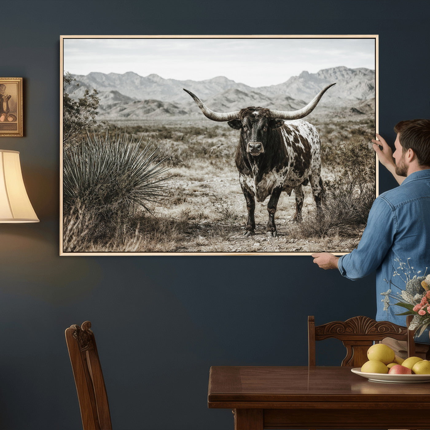 17622011H-MGV-CV-36X24 - Texas Longhorn Bull Wall Art Canvas Print, Western Farmhouse Cowboy Decor, Rustic Texas Ranch Cattle Artwork for Living Room Bedroom Office, Framed Wall Decor