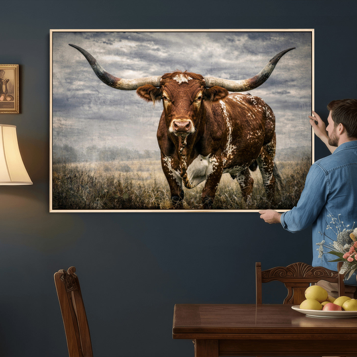 14372769-MGV-CV-36X24 - Texas Longhorn Canvas Wall Art Western Bull Desert Moody Grey Overcast Rustic Farmhouse Framed Large for Living Room Bedroom Office Decor
