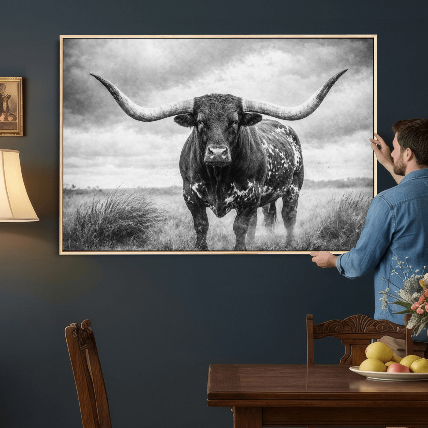 19951238-MGV-CV-36X24 - Texas Longhorn Canvas Wall Art Western Bull Desert Moody Grey Overcast Rustic Farmhouse Framed Large for Living Room Bedroom Office Decor