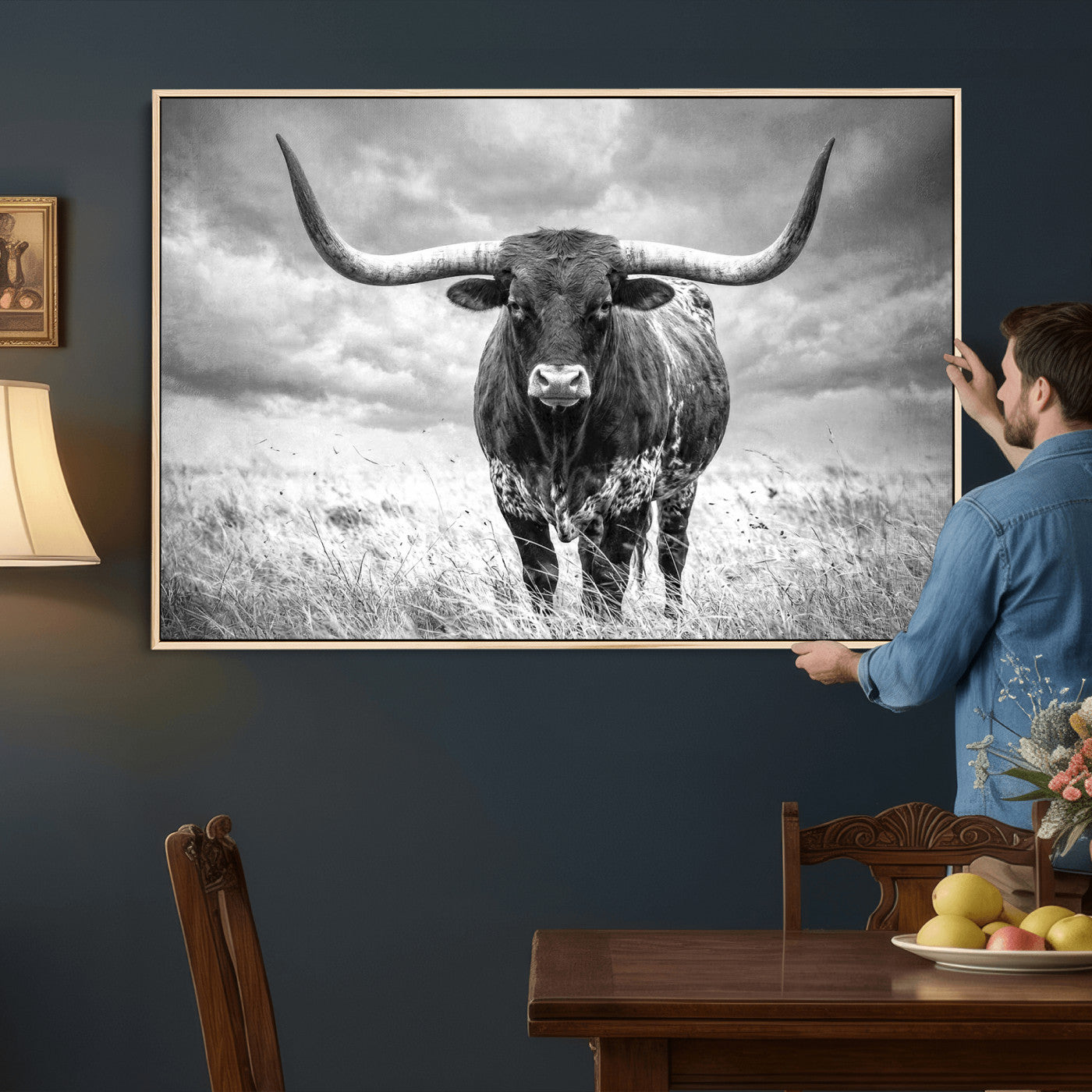 63336115-MGV-CV-36X24 - Texas Longhorn Canvas Wall Art Western Bull Desert Moody Grey Overcast Rustic Farmhouse Framed Large for Living Room Bedroom Office Decor