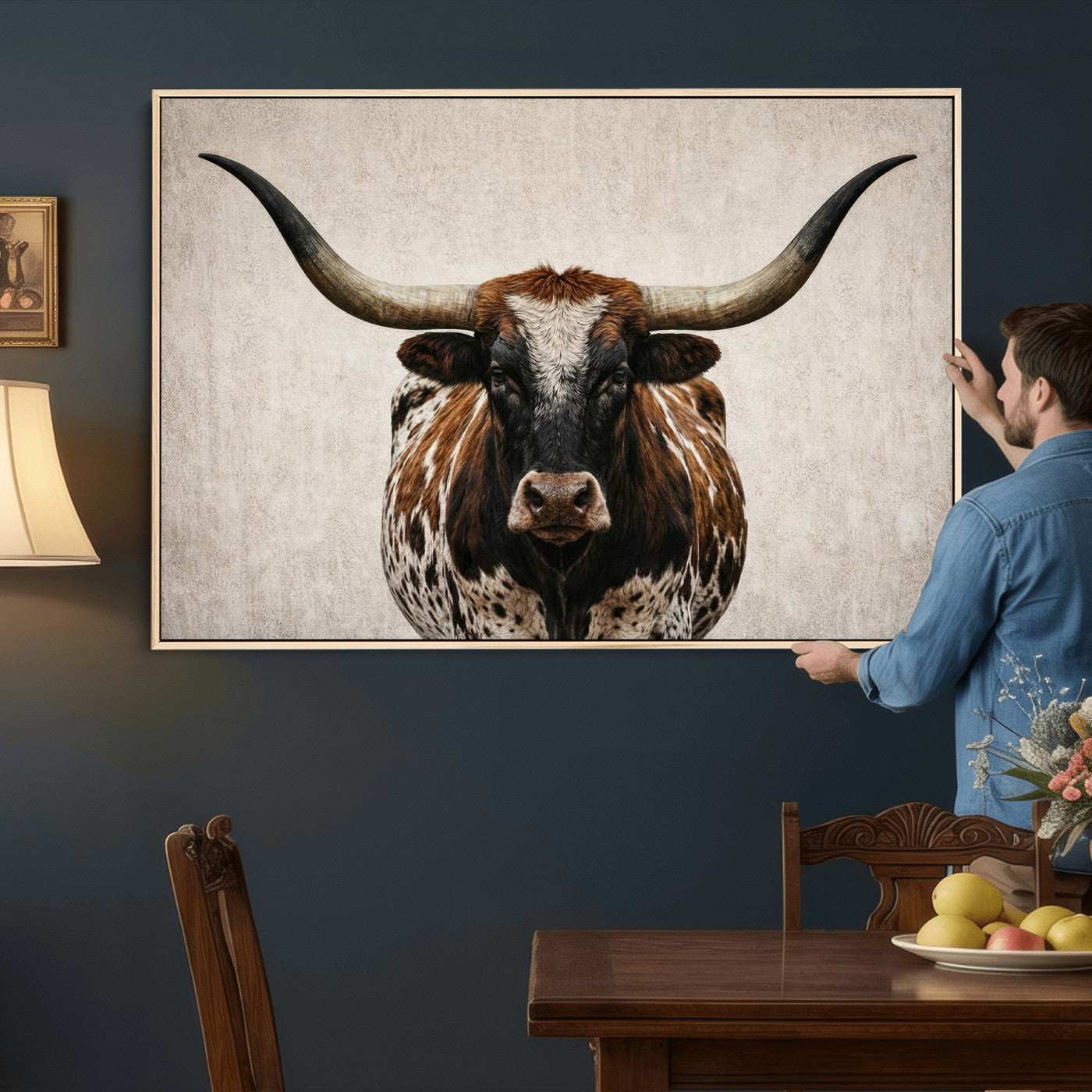 58622065-MGV-CV-36X24 - Texas Longhorn Canvas Wall Art Western Bull Desert Moody Grey Overcast Rustic Farmhouse Framed Large for Living Room Bedroom Office Decor