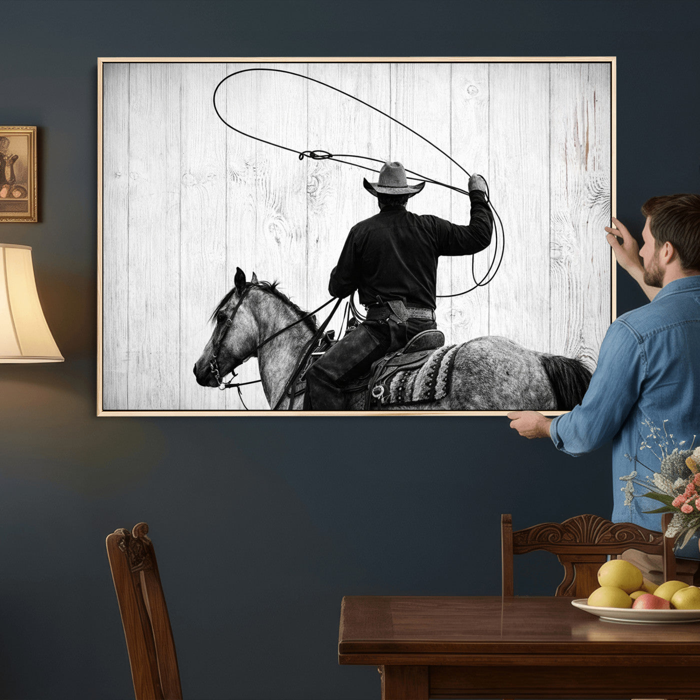 22569358-MGV-CV-36X24 - Cowboy Lasso Canvas Wall Art, Black White Western Horse Photo Print, Rustic Ranch Rodeo Decor, Farmhouse Western Art, Cowboy Gift for Him