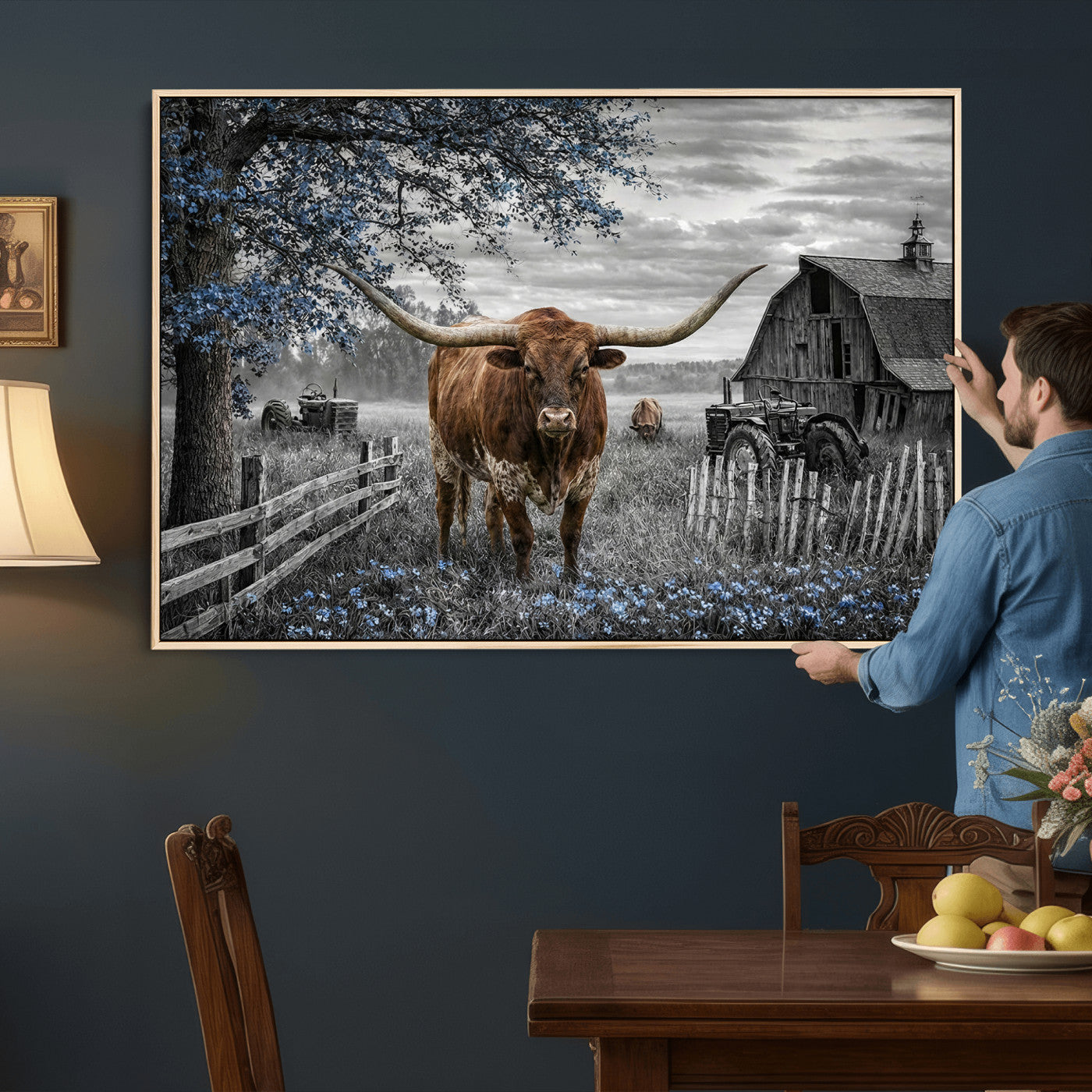19366343-MGV-CV-36X24 - Texas Longhorn Canvas Wall Art, Rustic Farm Barn Bluebonnet Photography Print, Farmhouse Country Decor, Western Ranch Art, Old Truck Tractor Print