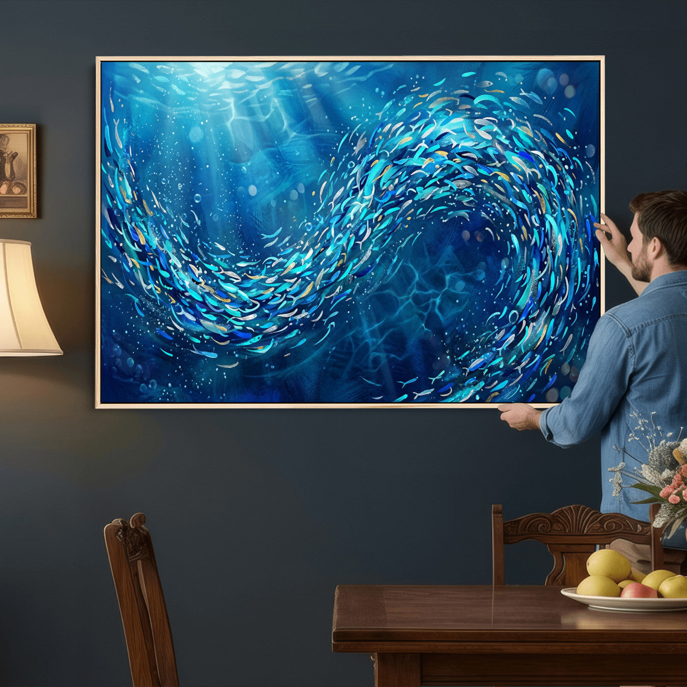 54535639-MGV-CV-36X24 - School of Fish Canvas Print | Blue Ocean Underwater Wall Art | Swirling Fish Shoal Illustration | Marine Navy Coastal Decor