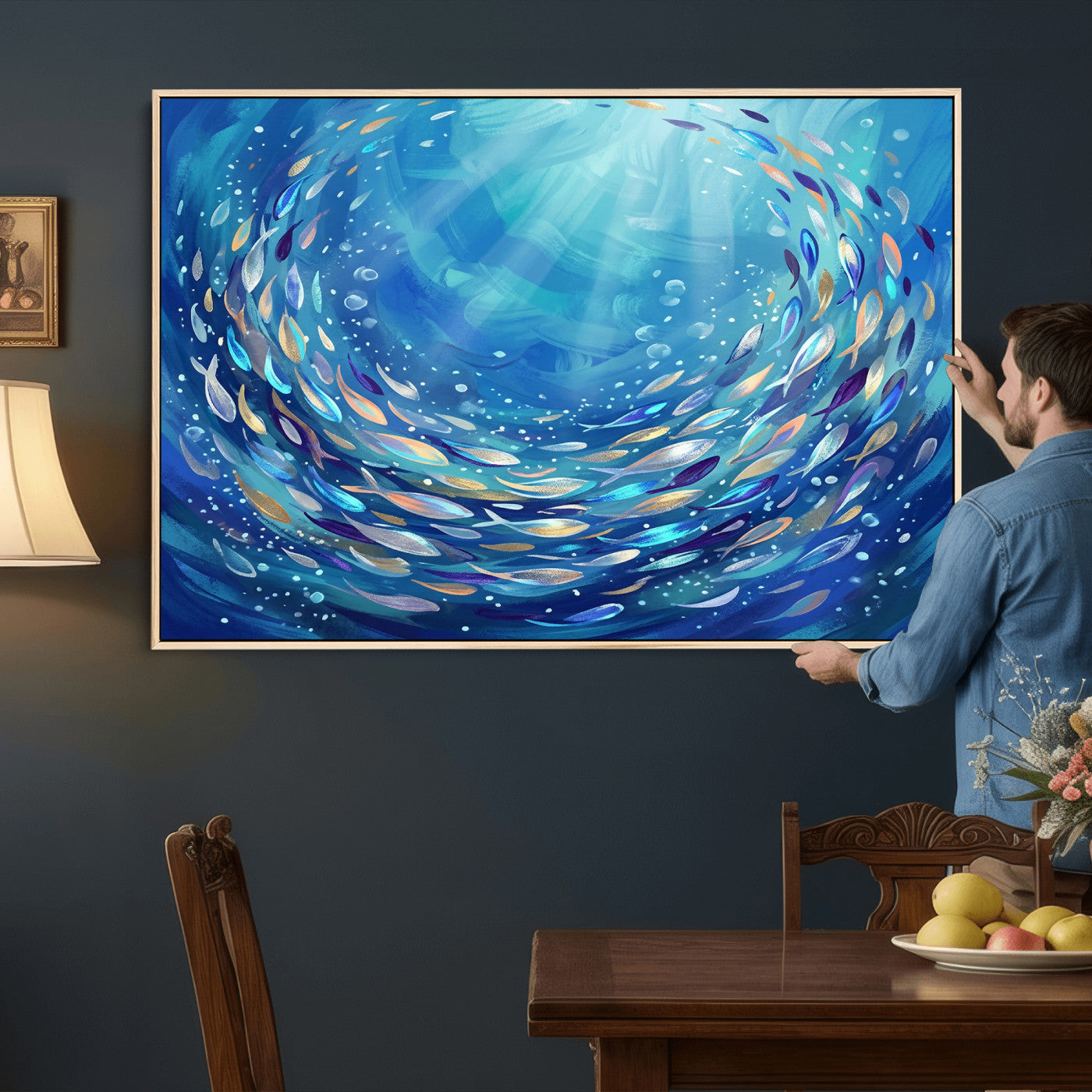 78699899-MGV-CV-36X24 - School of Fish Canvas Print | Blue Ocean Underwater Wall Art | Swirling Fish Shoal Illustration | Marine Navy Coastal Decor