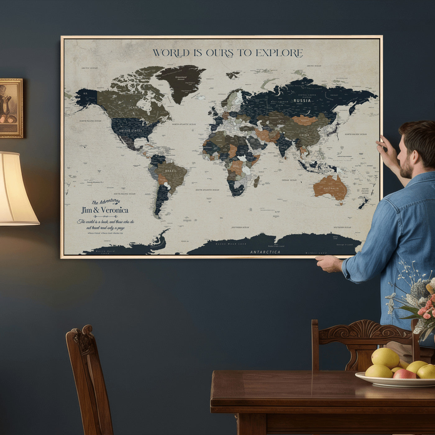 64110391126C-MGV-CV-36X24 - Custom Push Pin World Map Wall Art Canvas Print – Personalized Travel Tracker with Pins Framed Large for Home and Office Decor