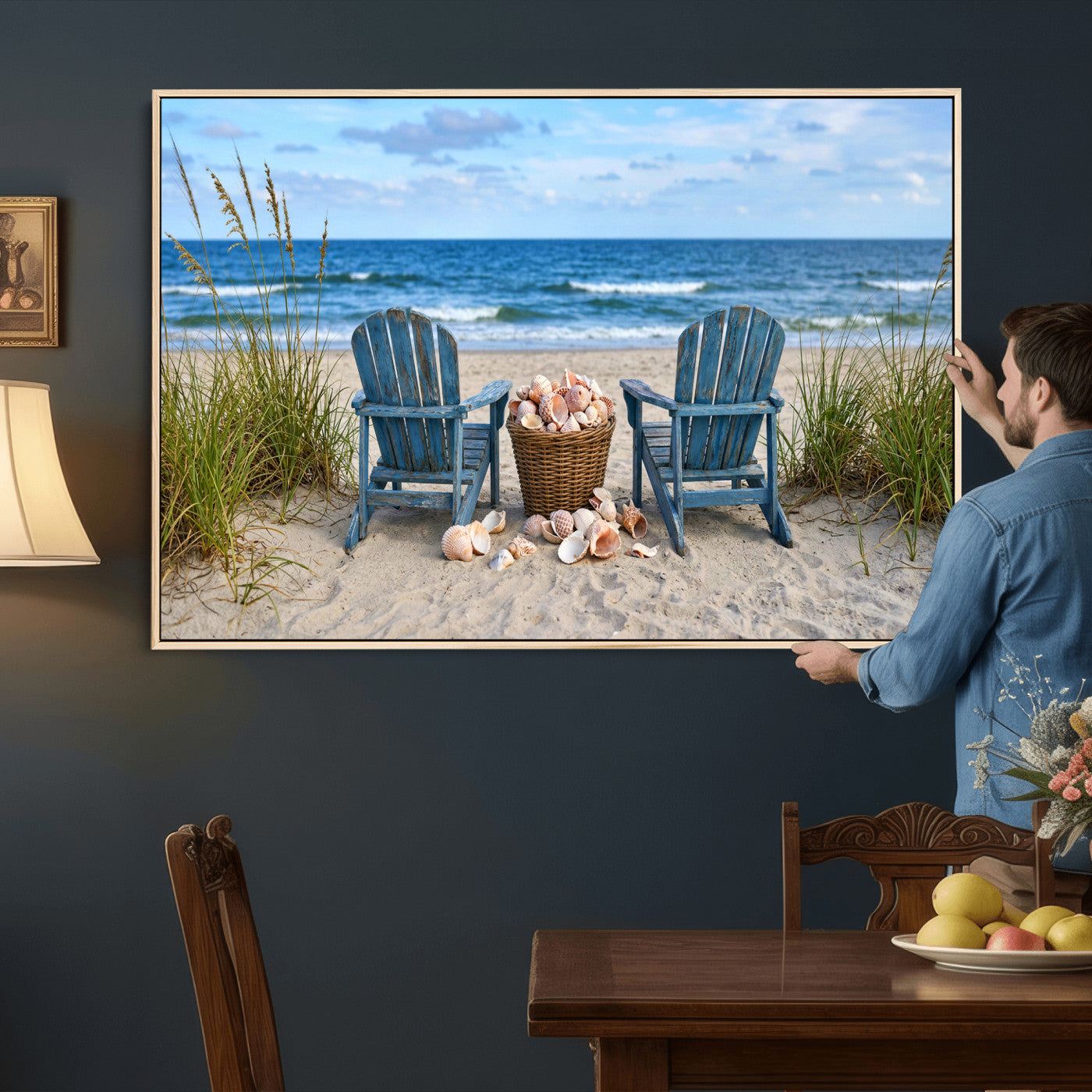 80268829-MGV-CV-36X24 - Large Beach Canvas Wall Art Coastal Adirondack Chairs Ocean Seashells Blue Nautical Framed Large for Living Room Bedroom Bathroom Decor