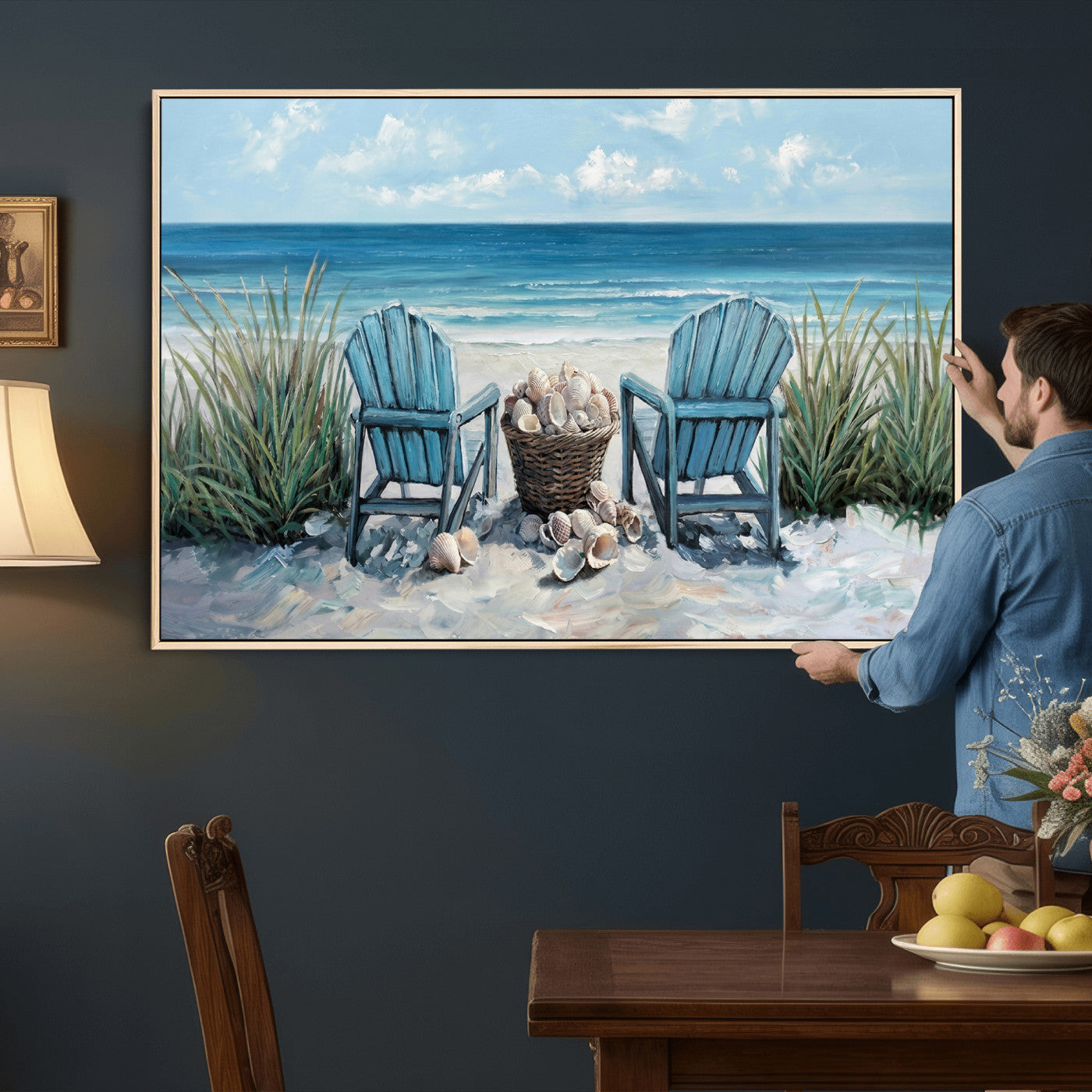 11973028-MGV-CV-36X24 - Beach Canvas Wall Art Coastal Adirondack Chairs Ocean Seashells Blue Nautical Framed Large for Living Room Bedroom Bathroom Decor