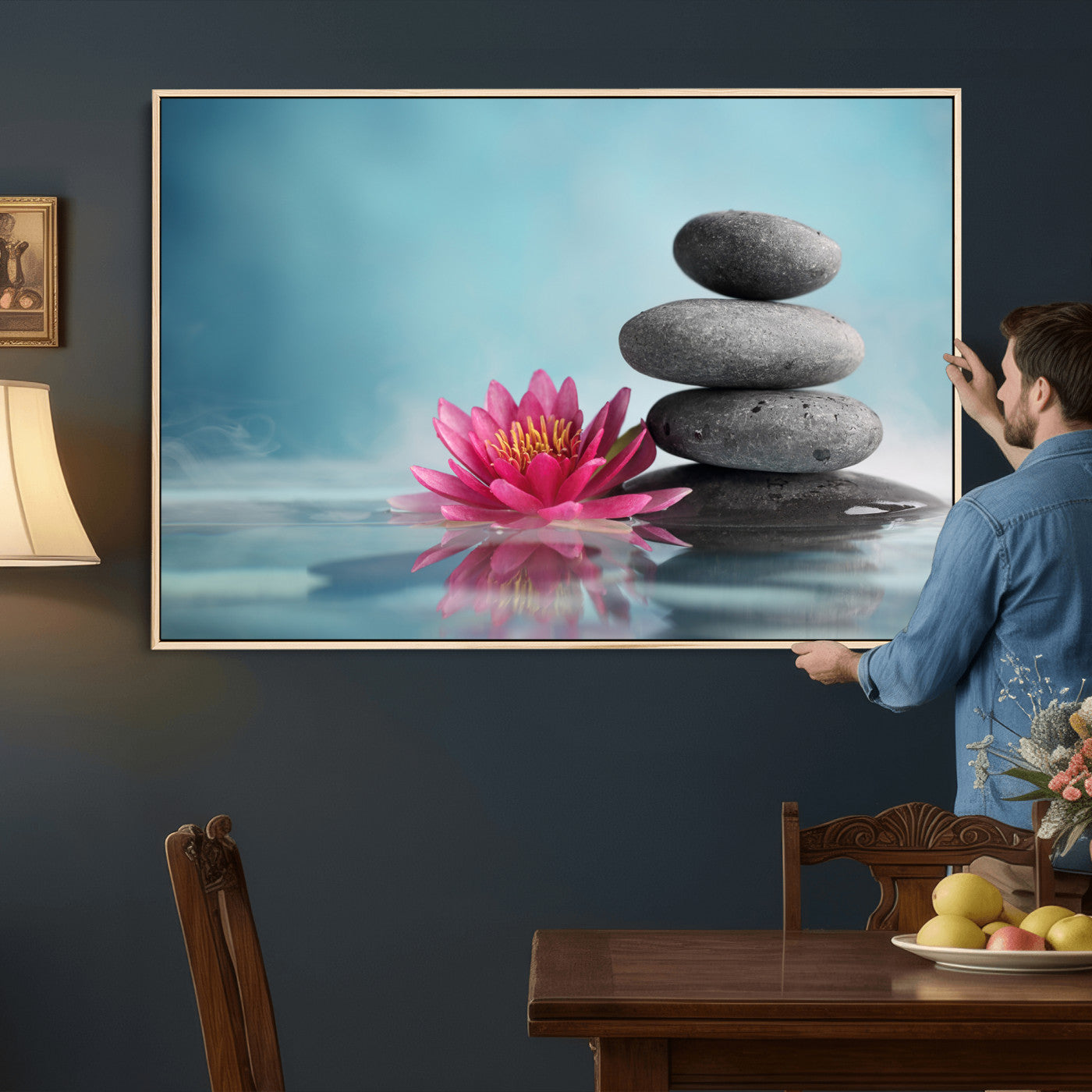 84293154-MGV-CV-36X24 - Zen Canvas Wall Art Lotus Flower Stacked Stones Teal Spa Meditation Relaxation Framed Large for Bathroom Bedroom Living Room Office Decor