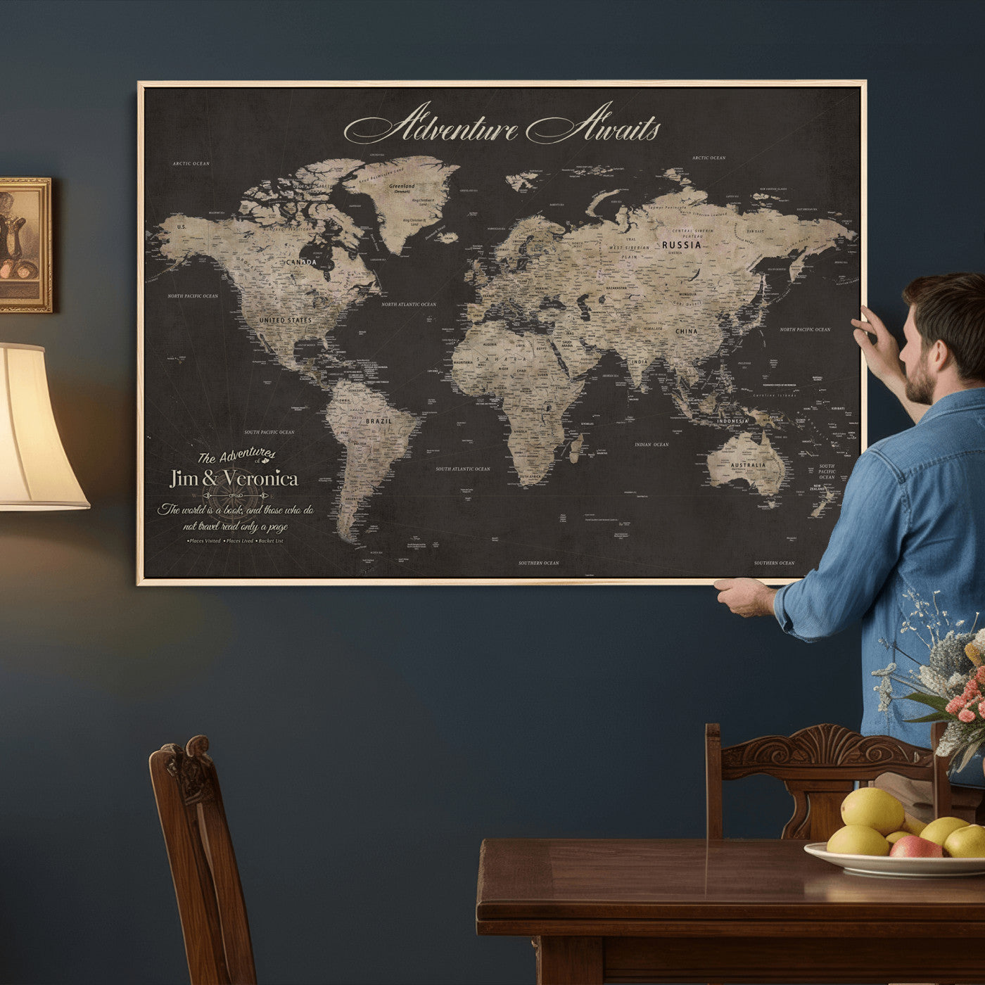 56556018136C-MGV-CV-36X24 - Custom World Map with Pins Canvas Wall Art Dark Charcoal Antique Tan Detailed Every Country Labeled Framed Large for Home Office Living Room Bedroom Decor