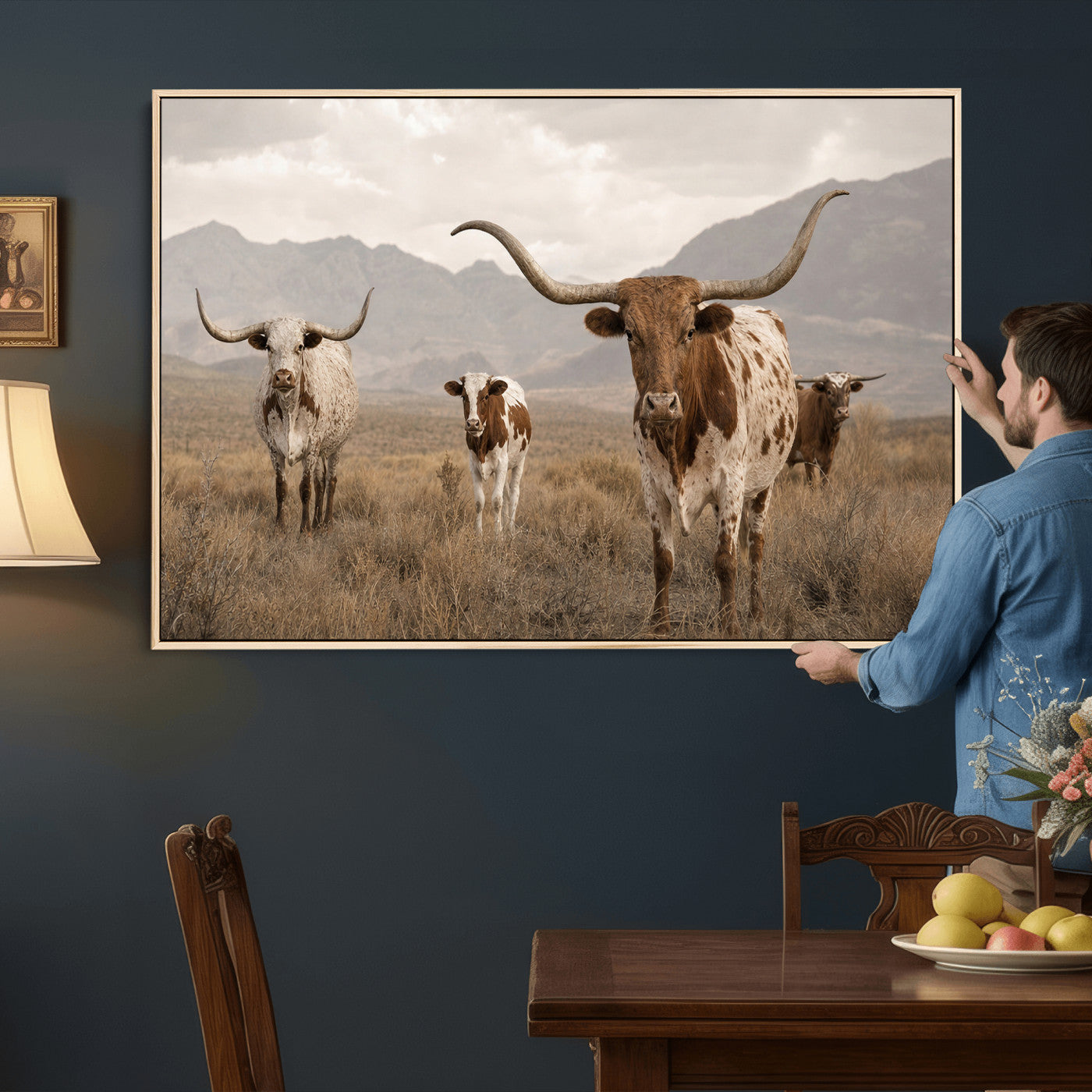 62336425AD-MGV-CV-36X24 - Rustic Texas Longhorn Cow Canvas Wall Art Print, Rustic Farm Animal Photography Print, Farmhouse Country Decor, Western Ranch Art