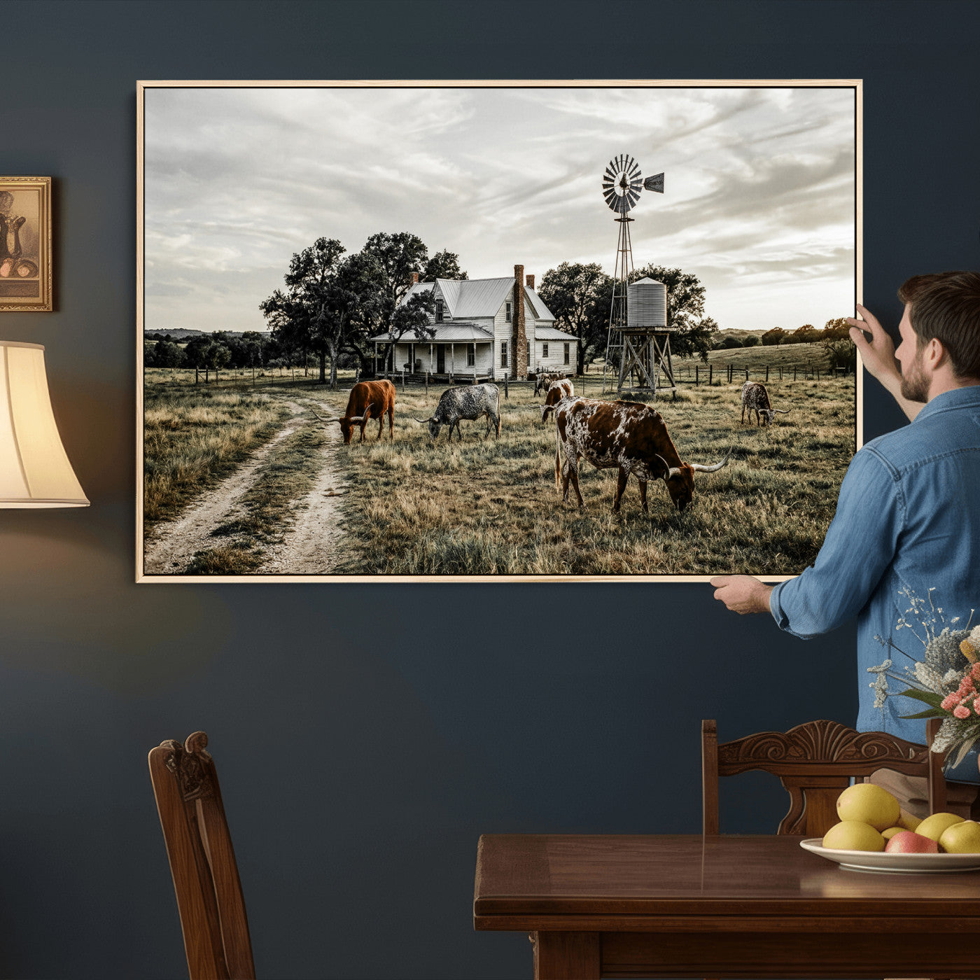 92429425-MGV-CV-36X24 - Texas Longhorn Ranch Wall Art Canvas Print, Rustic Western Farmhouse Decor, Country Landscape Canvas Wall Art, Vintage Cowboy Ranch Picture