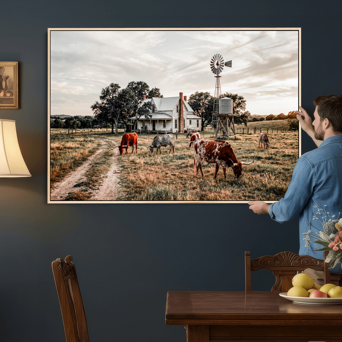 92429425-MGV-CV-36X24 - Texas Longhorn Ranch Wall Art Canvas Print, Rustic Western Farmhouse Decor, Country Landscape Canvas Wall Art, Vintage Cowboy Ranch Picture