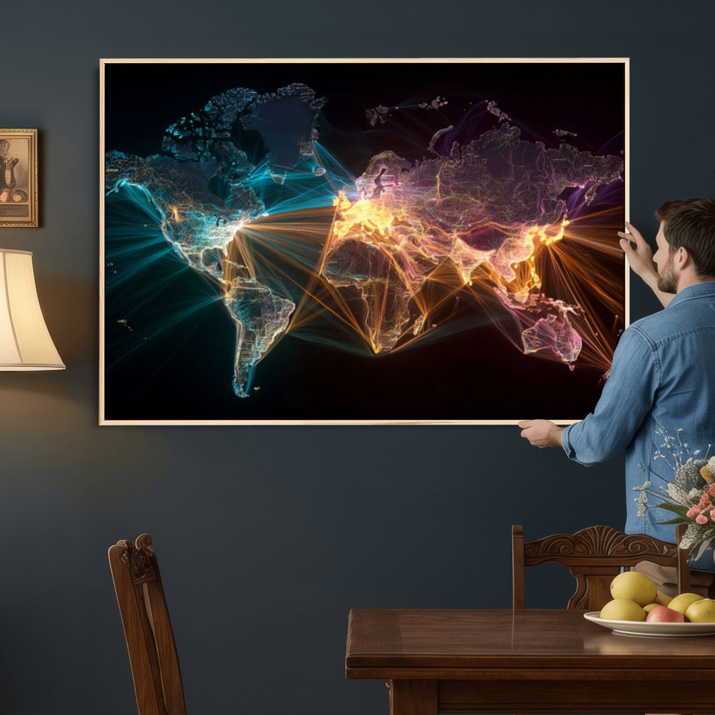 14891737-MGV-CV-36X24 - World Map and Global Flight Routes Map Canvas Wall Art, Worldwide Aviation Network Print, International Air Travel Wall Decor