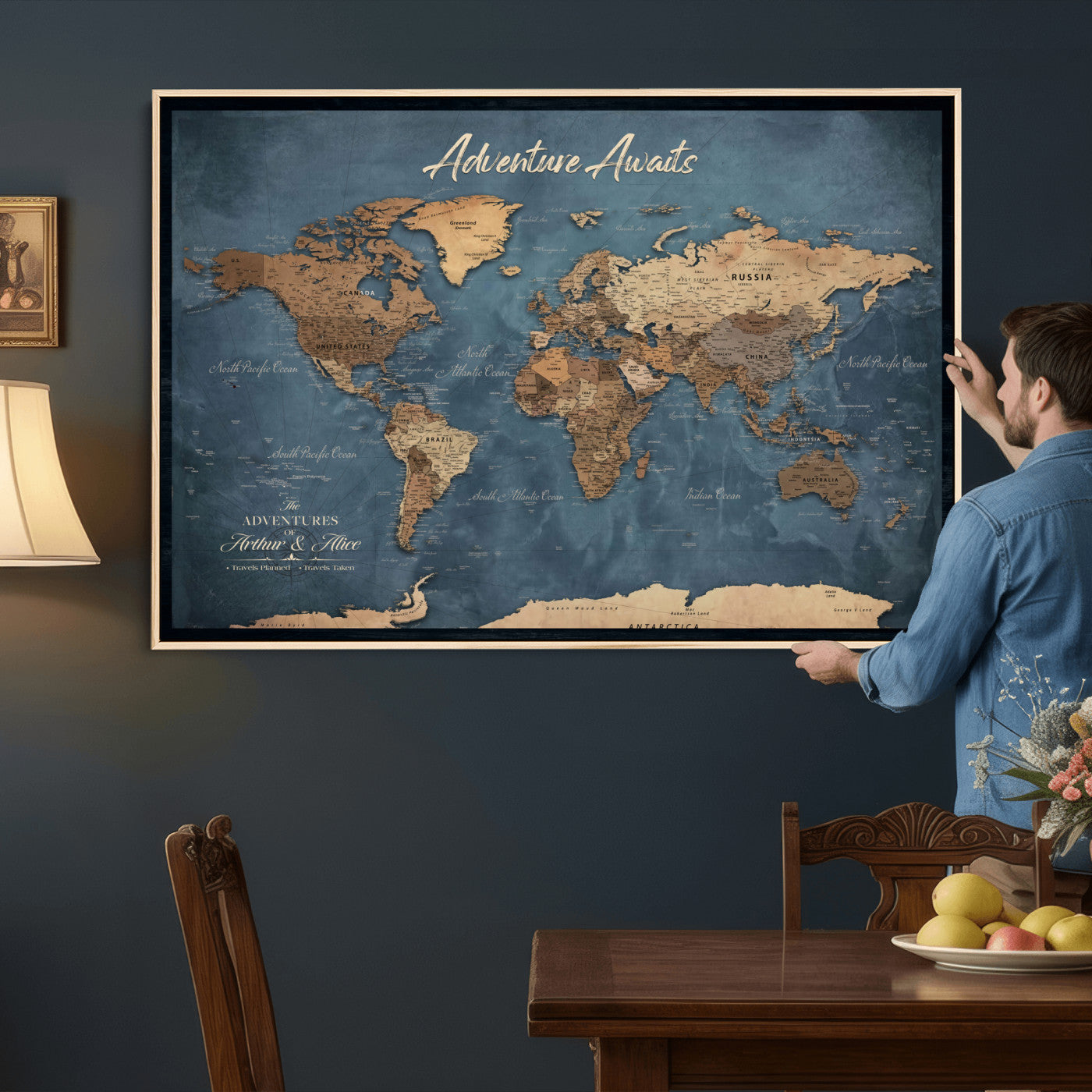 14637271-MGV-CV-36X24 - Custom Push Pin World Map Canvas | Personalized Travel Tracker | Wedding Anniversary Gift for Couples | Adventure Map Wall Art with Pins