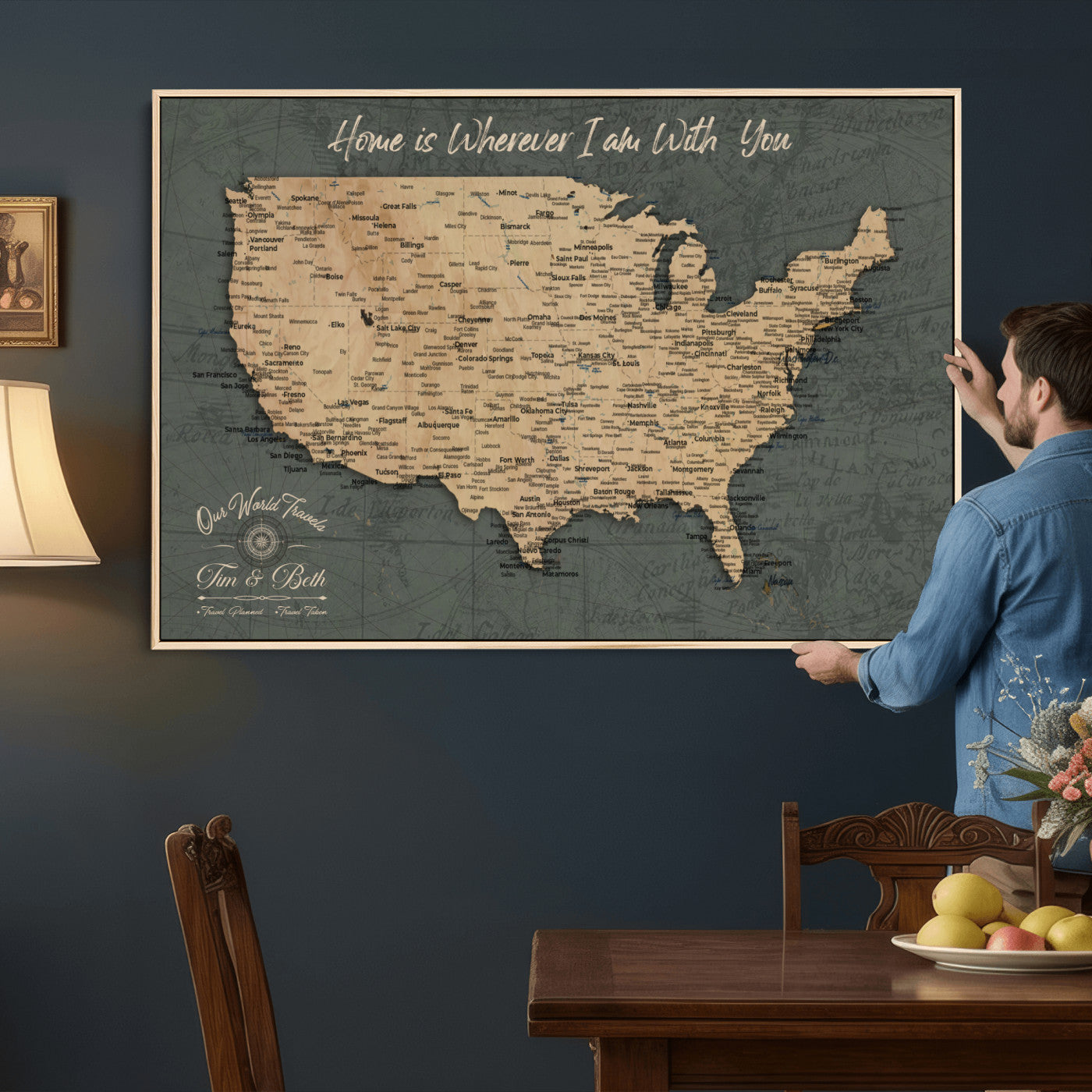 41270900-MGV-CV-36X24 - Custom Push Pin US Map Canvas | Personalized Travel Tracker | USA Cities Map Anniversary Gift for Couples | Adventure America Map Wall Art with Pins