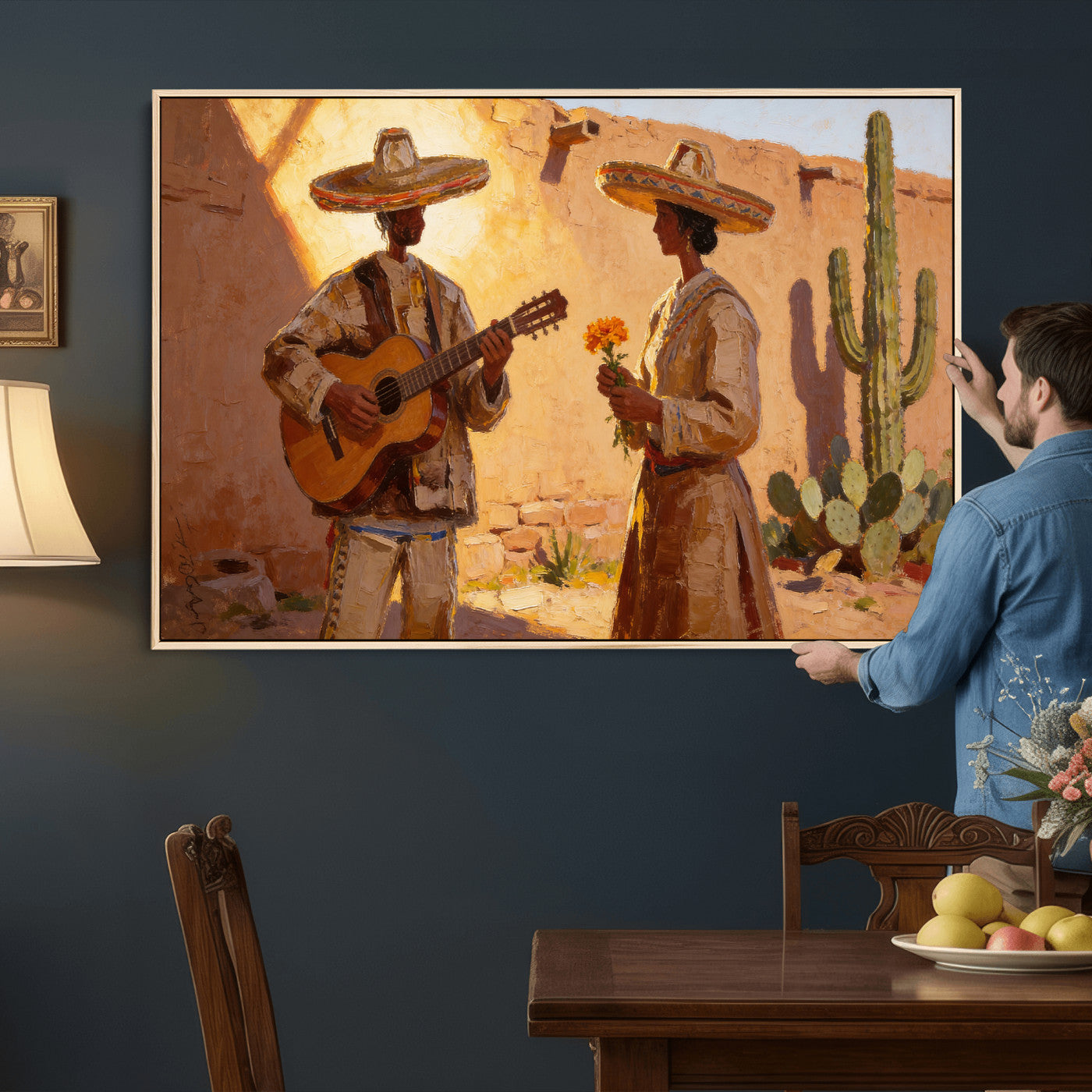 41849005-MGV-CV-36X24 - Mexican Couple Canvas Wall Art, Romantic Serenade Guitar Painting Print, Southwestern Desert Adobe Decor, Warm Golden Folk Art, Living Room Art