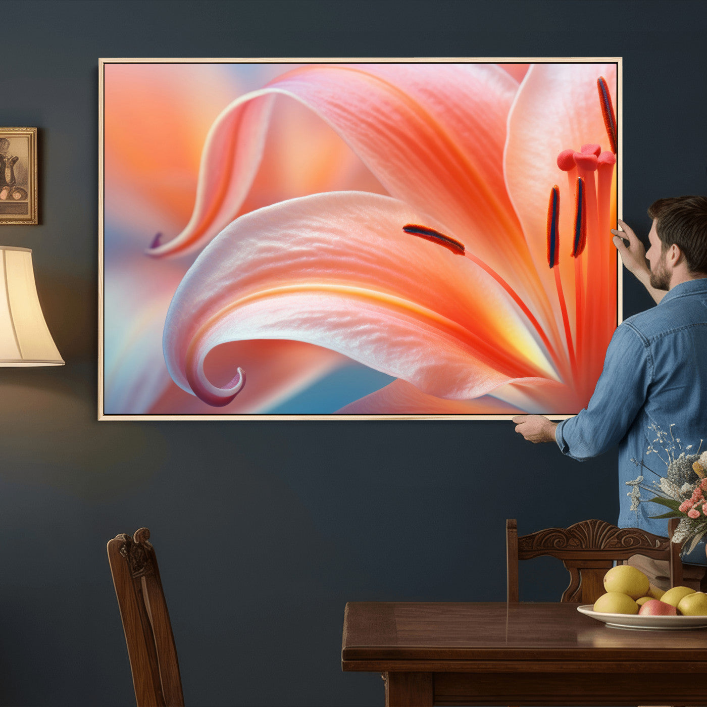 69566231-MGV-CV-36X24 - Peach Lily Canvas Wall Art, Coral Pink Flower Macro Photo Print, Botanical Bedroom Decor, Soft Floral Photography, Living Room Wall Art