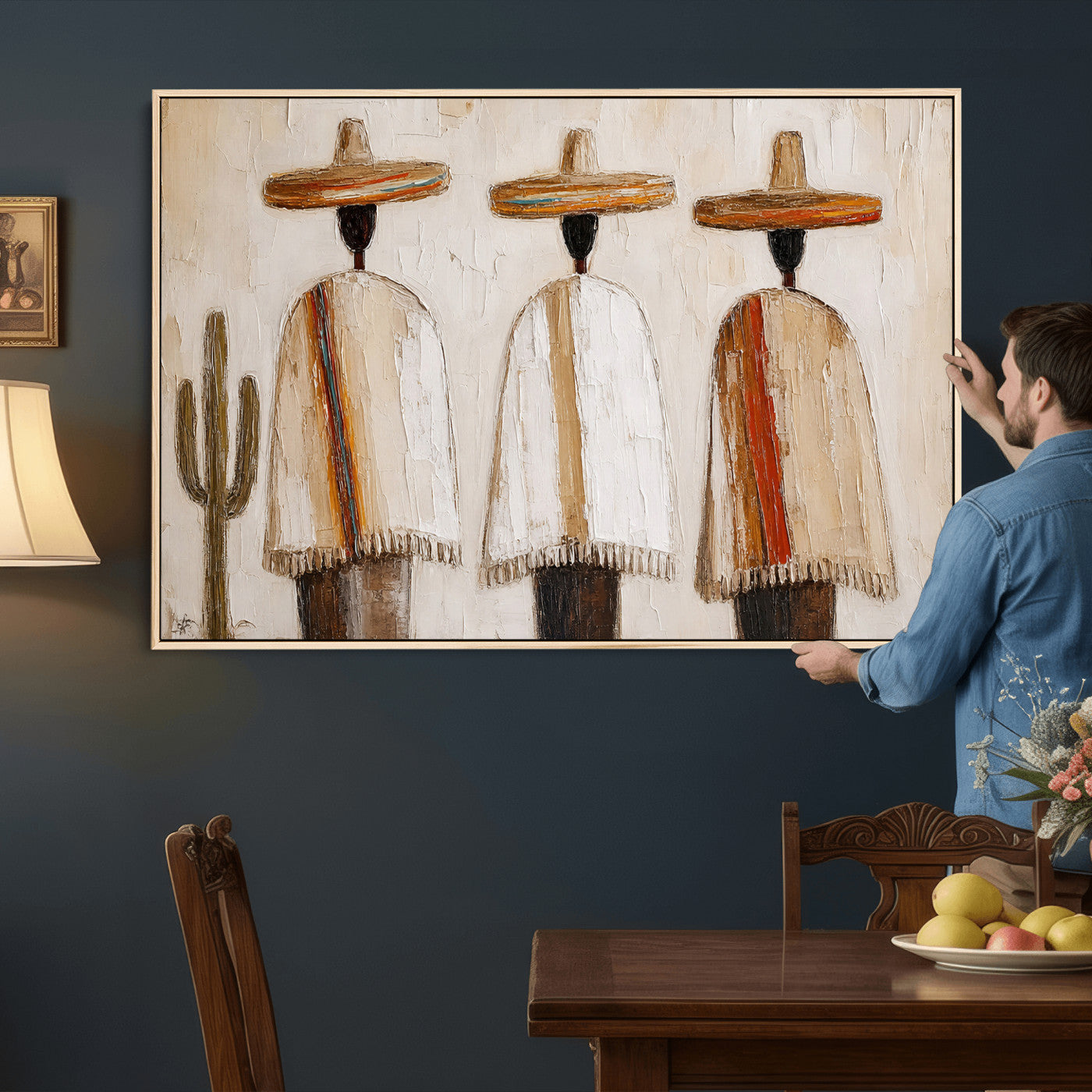 72884785-MGV-CV-36X24 - Mexican Folk Art Canvas Wall Art, Southwestern Sombrero Poncho Painting, Neutral Earthy Boho Decor, Fiesta Living Room Art, Impasto Style Print