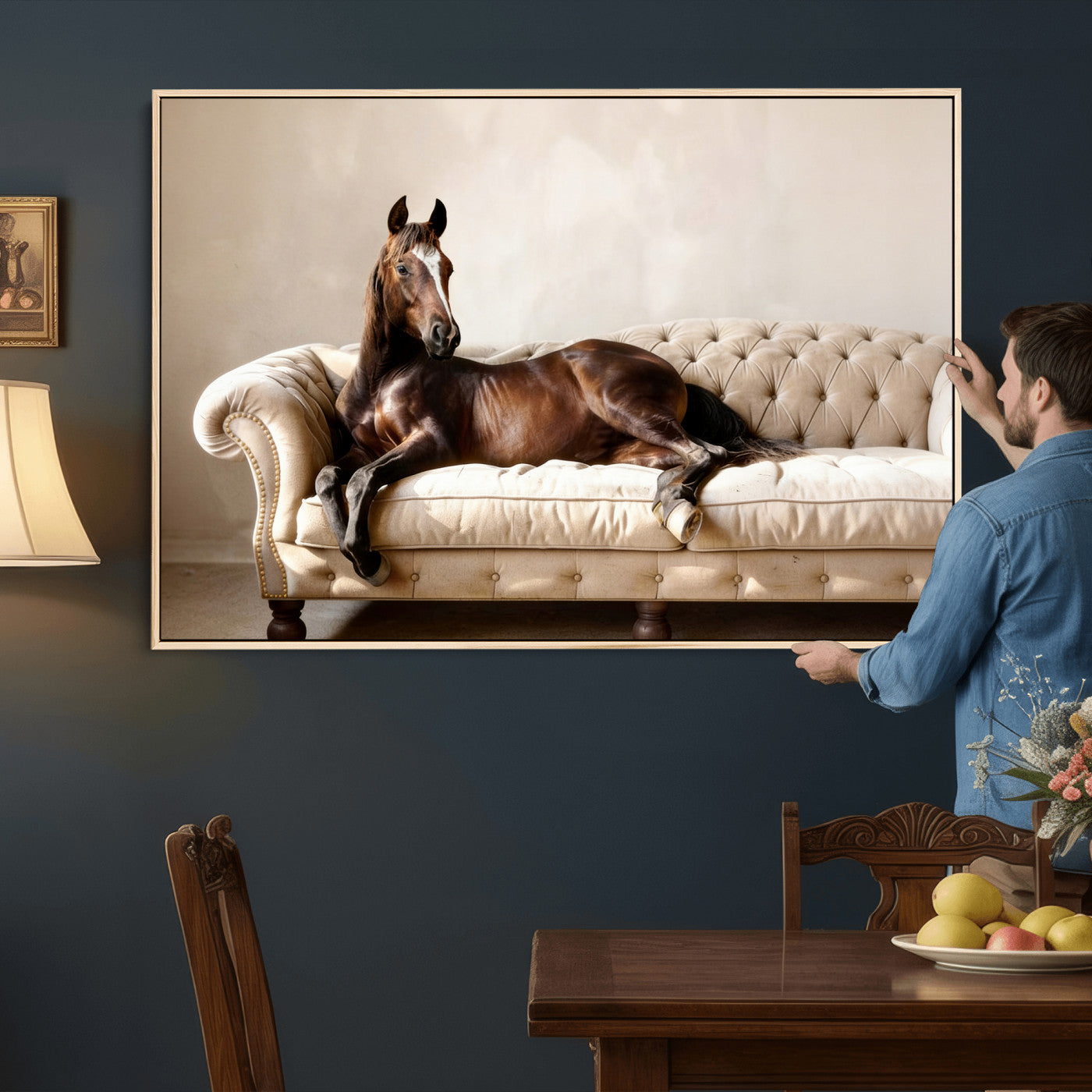 17716841-MGV-CV-36X24 - Funny Horse on Sofa Canvas Wall Art, Quirky Horse Lounging Photo Print, Whimsical Animal Decor, Living Room Conversation Art, Horse Lover Gift