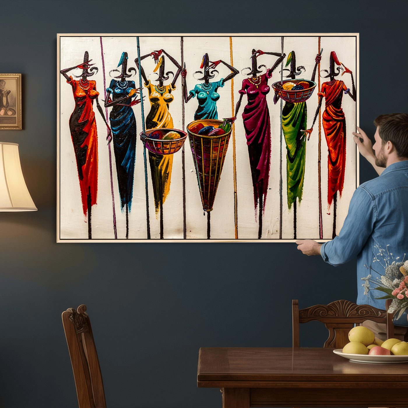 53545627-MGV-CV-36X24 - African Folk Art Canvas Wall Art, Colorful African Women Village Painting Print, Tribal Ethnic Home Decor, Vibrant African Art, Living Room