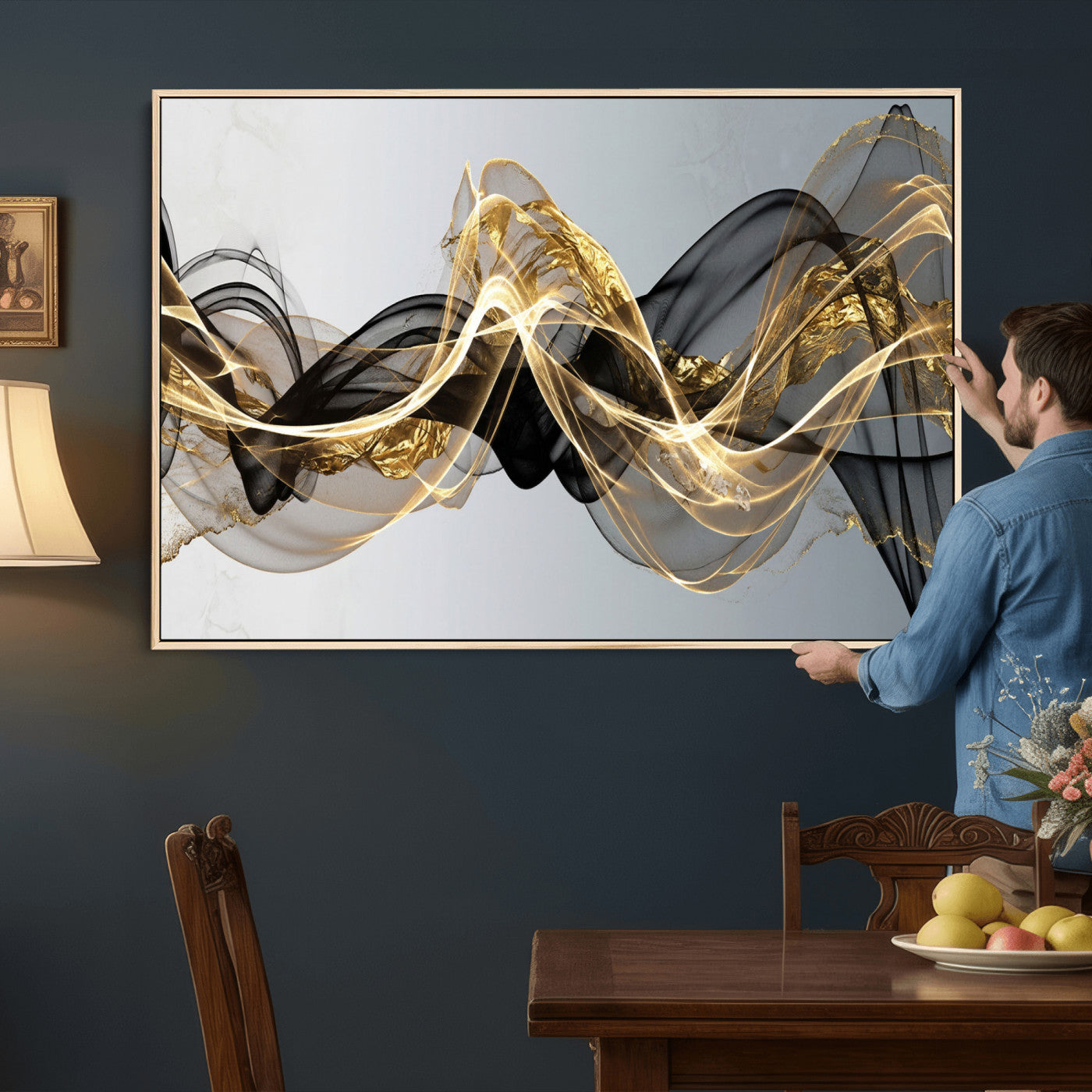 79483321DL-MGV-CV-36X24 - Black and Gold Abstract Wall Art, Modern Wave Canvas Print, Elegant Flowing Smoke Art, Luxury Living Room Decor