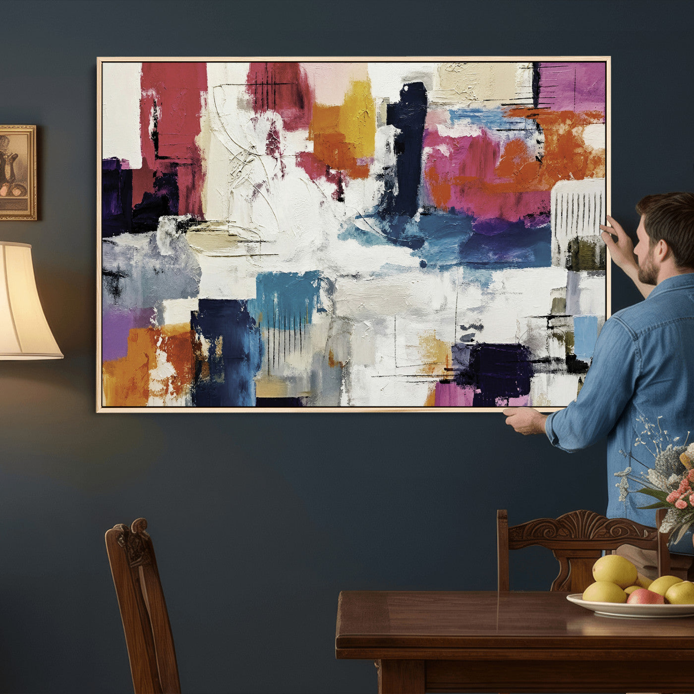 57864023-MGV-CV-36X24 - Blue Teal Abstract Canvas Wall Art, Modern Textured Painting Print, Navy Orange White Contemporary Art, Neutral Living Room Decor, Office Art