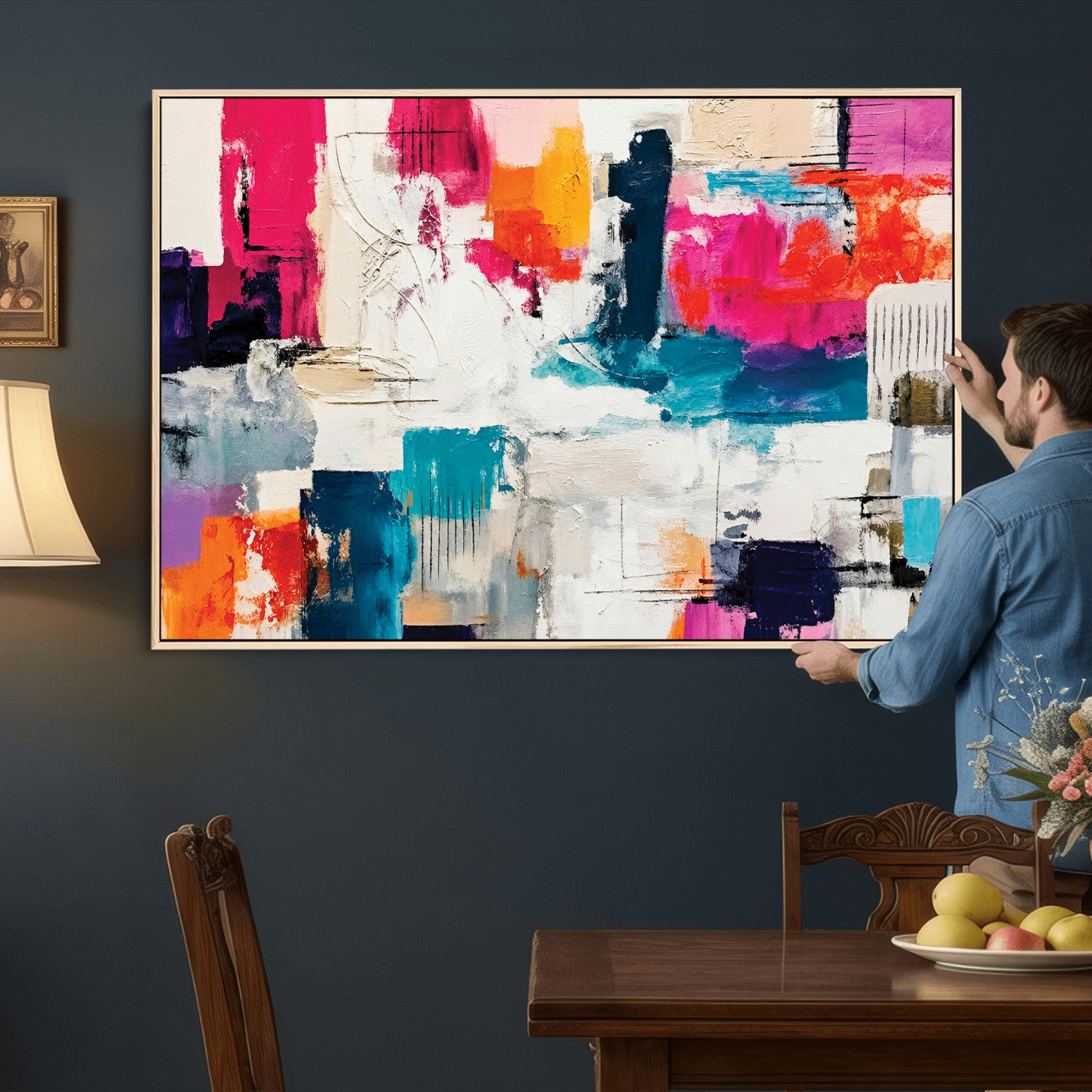 57864023-MGV-CV-36X24 - Blue Teal Abstract Canvas Wall Art | Modern Textured Painting Print, Navy Orange White Contemporary Art, Neutral Living Room Decor, Office Art