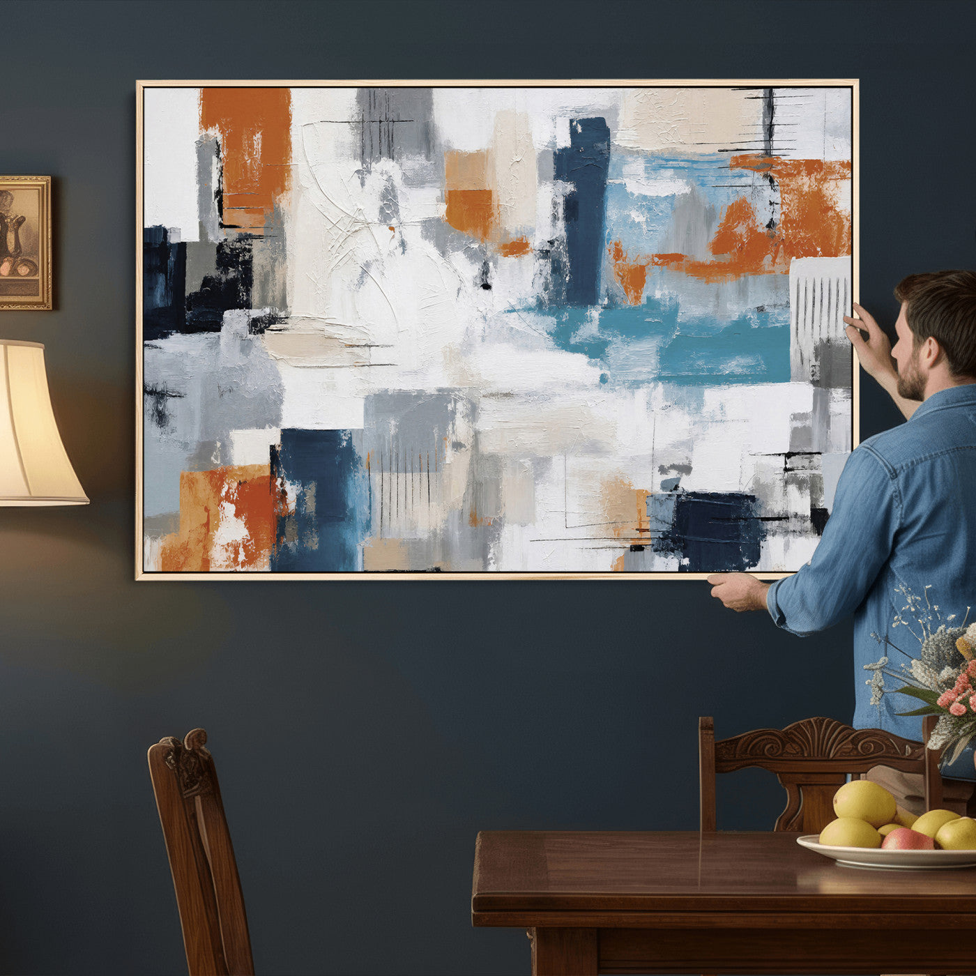 44950303-MGV-CV-36X24 - Blue Teal Abstract Canvas Wall Art, Modern Textured Painting Print, Navy Orange White Contemporary Art, Neutral Living Room Decor, Office Art
