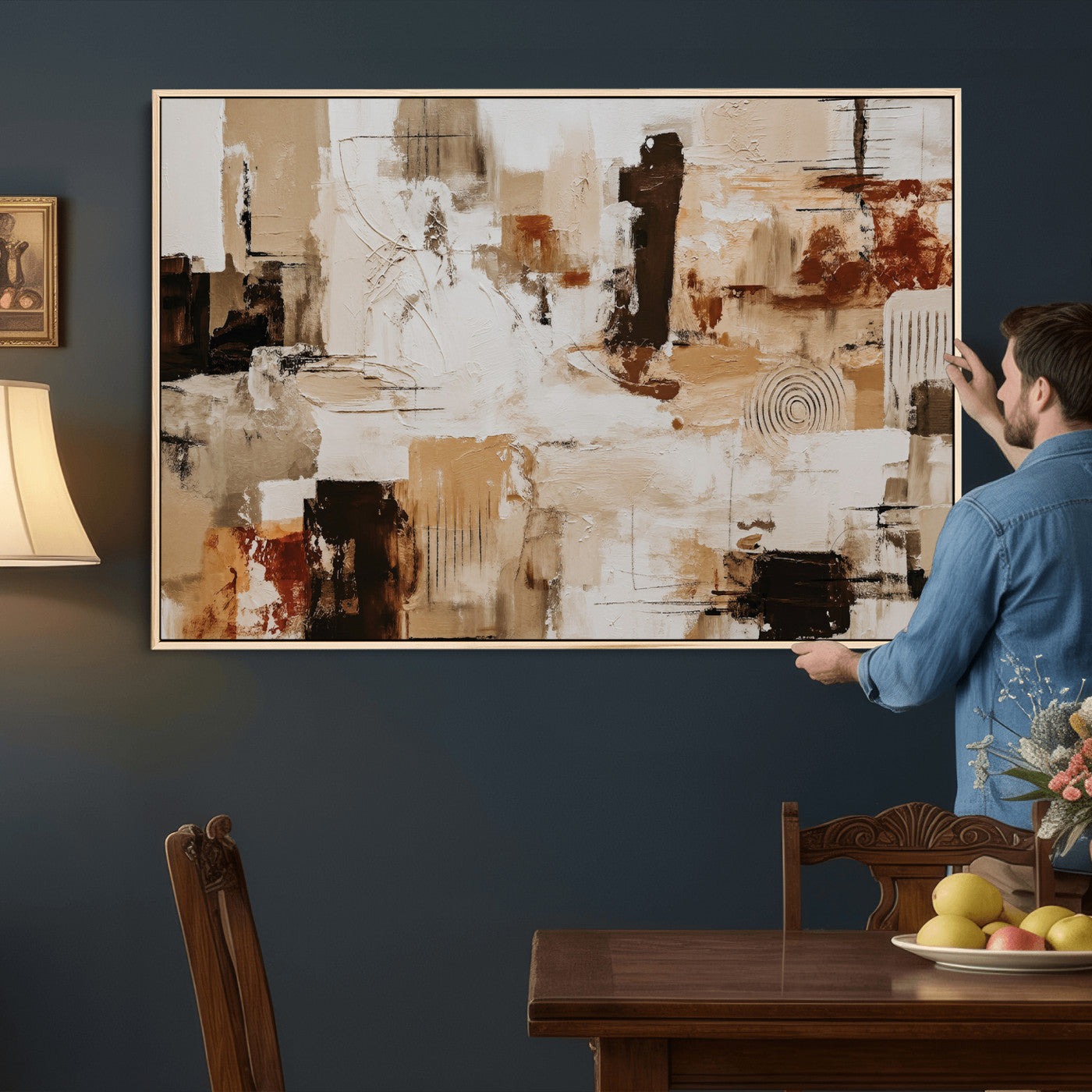 26560159-MGV-CV-36X24 - Blue Teal Abstract Canvas Wall Art, Modern Textured Painting Print, Navy Orange White Contemporary Art, Neutral Living Room Decor, Office Art