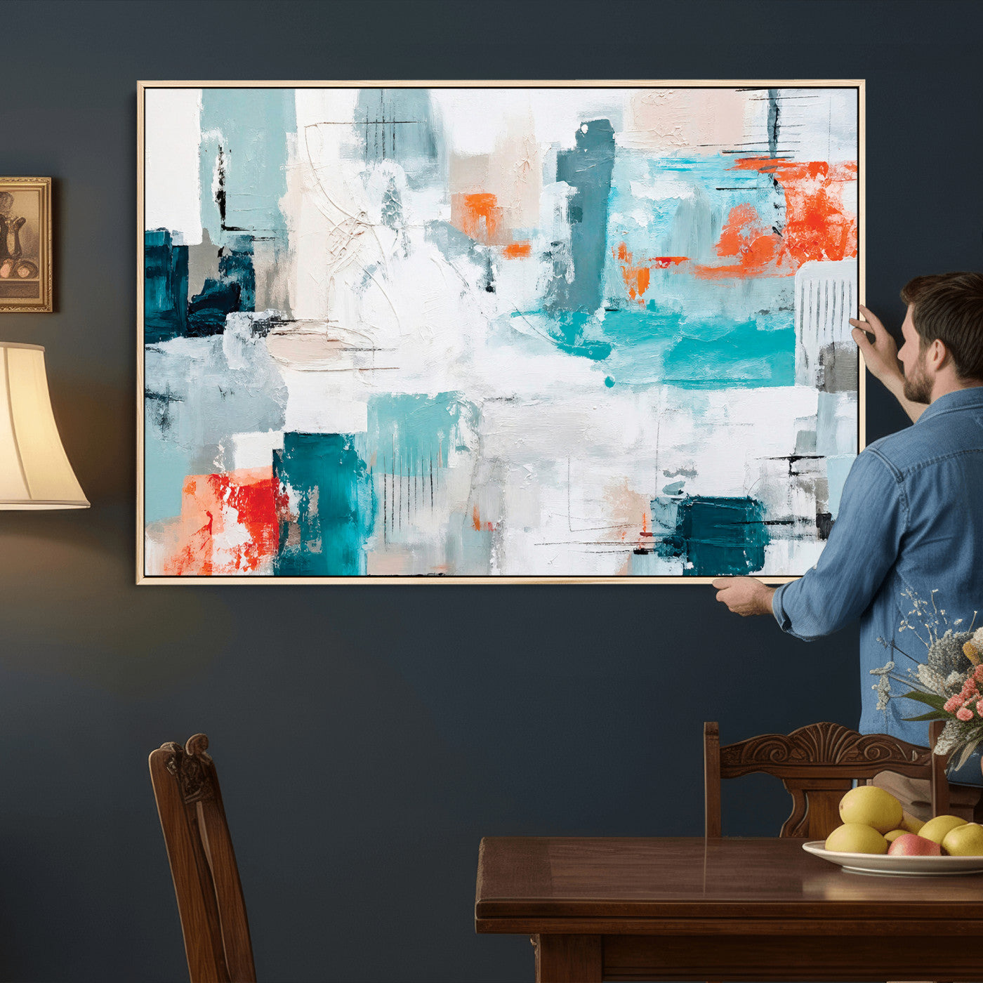 98638479-MGV-CV-36X24 - Blue Teal Abstract Canvas Wall Art | Modern Textured Painting Print, Navy Orange White Contemporary Art, Neutral Living Room Decor, Office Art