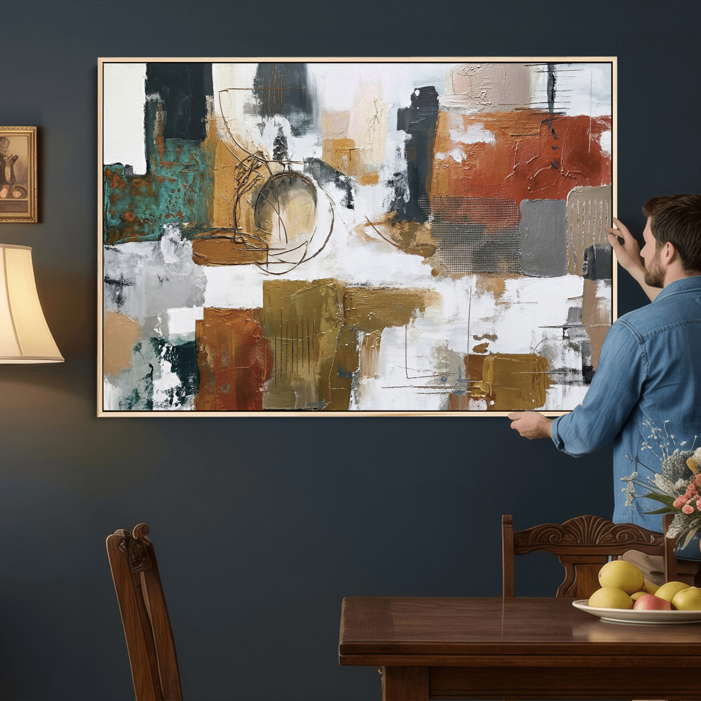 50720312-MGV-CV-36X24 - Blue Teal Abstract Canvas Wall Art, Modern Textured Painting Print, Navy Orange White Contemporary Art, Neutral Living Room Decor, Office Art