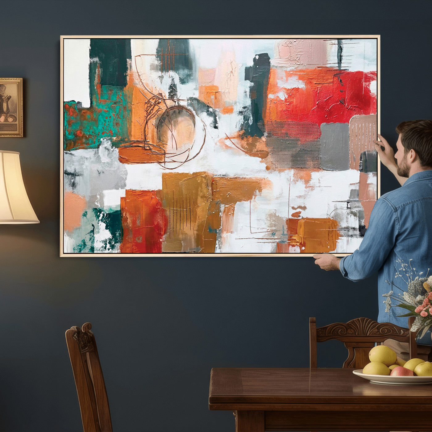 50720312-MGV-CV-36X24 - Blue Teal Abstract Canvas Wall Art | Modern Textured Painting Print, Navy Orange White Contemporary Art, Neutral Living Room Decor, Office Art.