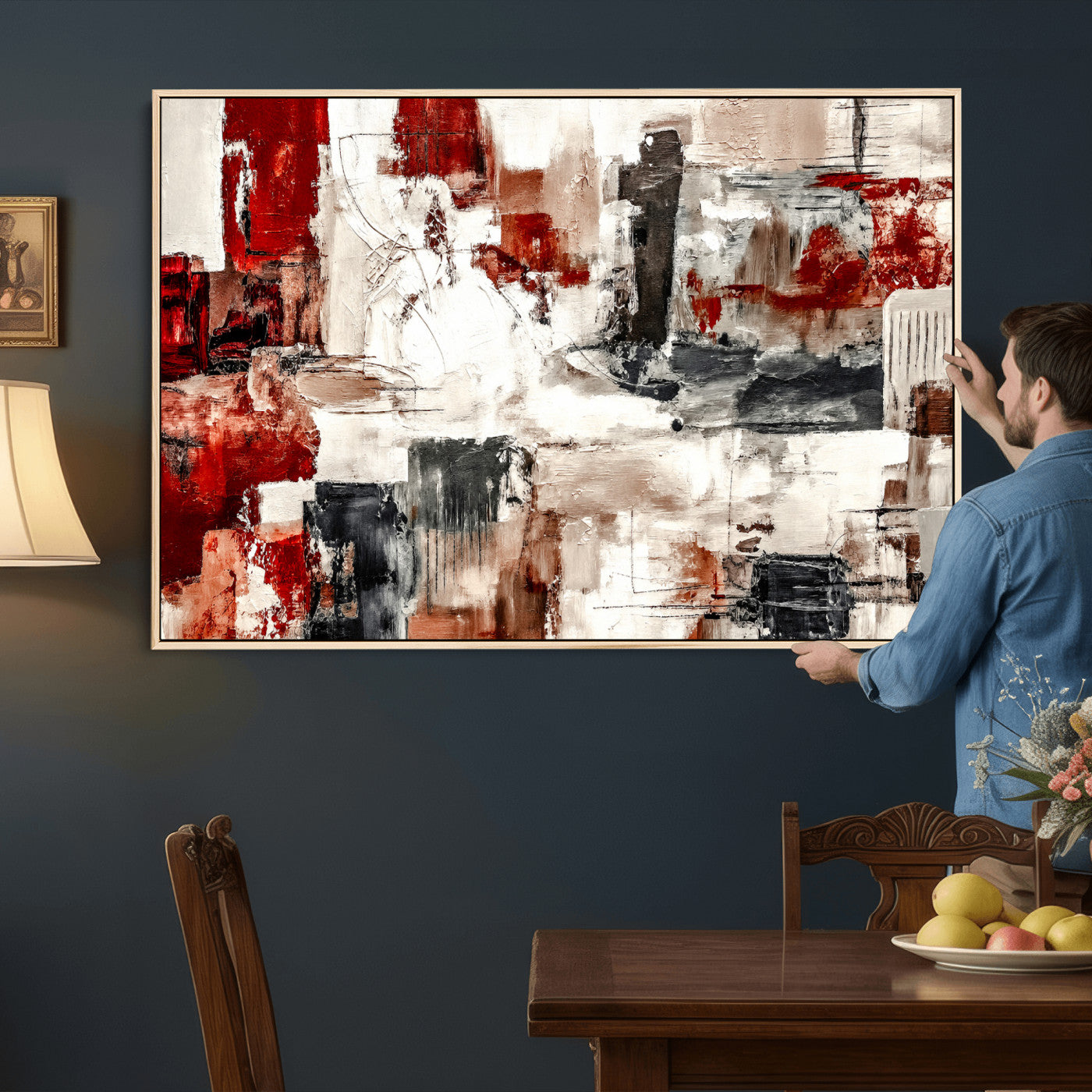 53022468-MGV-CV-36X24 - Blue Teal Abstract Canvas Wall Art, Modern Textured Painting Print, Navy Orange White Contemporary Art, Neutral Living Room Decor, Office Art