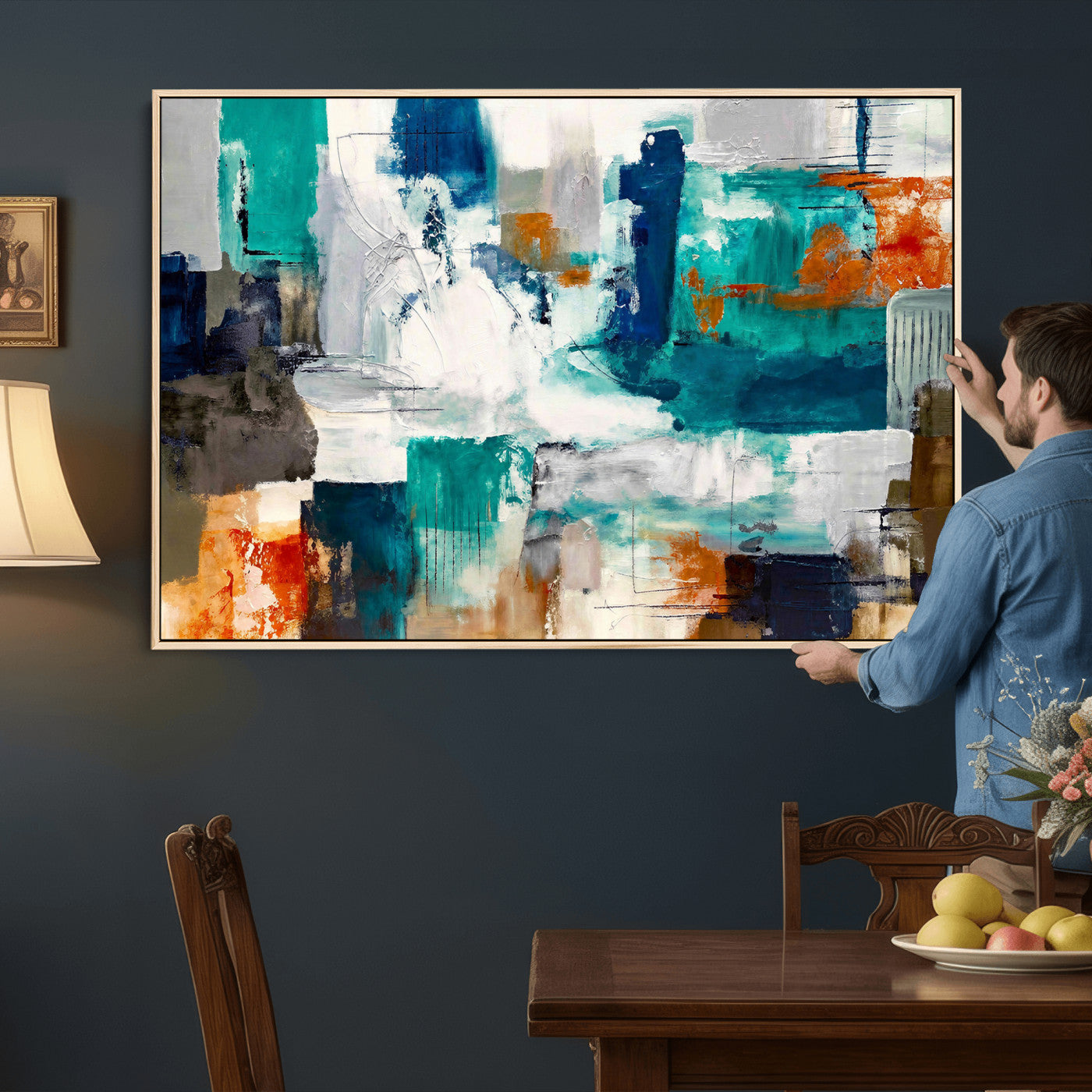 44038089-MGV-CV-36X24 - Blue Teal Abstract Canvas Wall Art, Modern Textured Painting Print, Navy Orange White Contemporary Art, Neutral Living Room Decor, Office Art