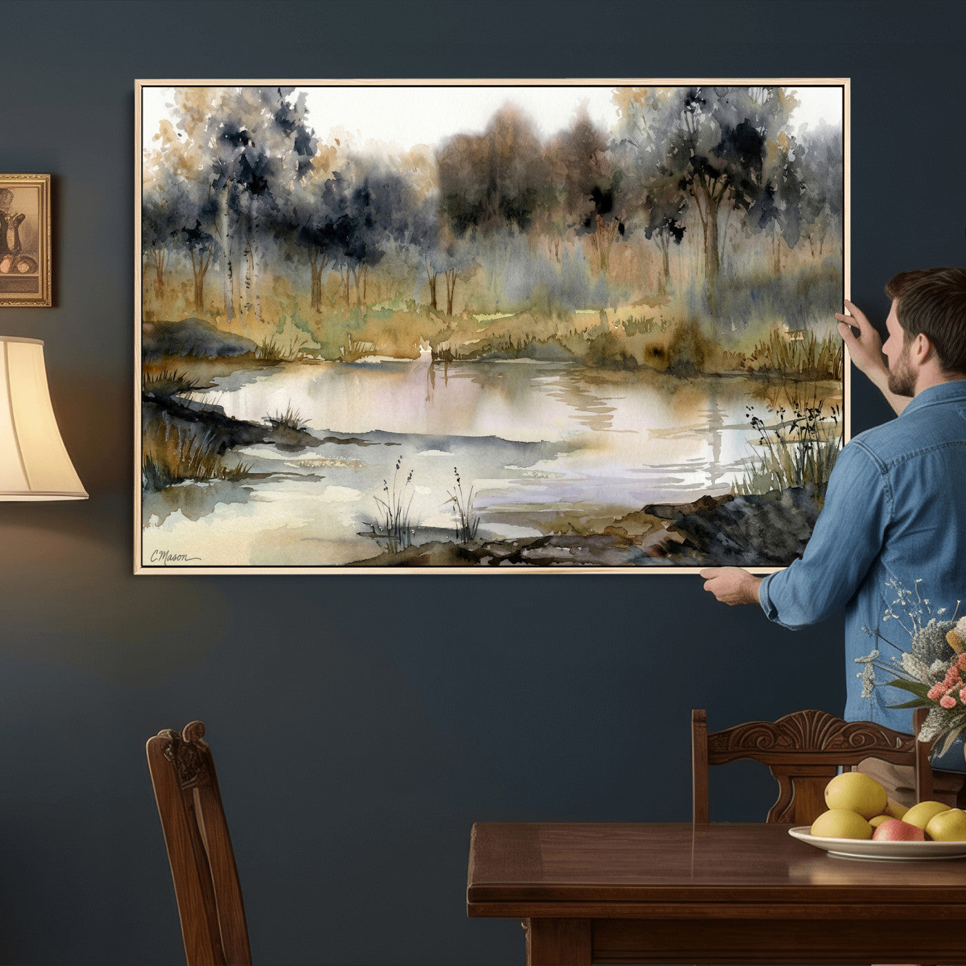 27383609-MGV-CV-36X24 - Abstract Watercolor Autumn Lake Canvas Wall Art Print - Misty Forest Landscape, Rustic Nature Painting, Cabin Wall Decor - Ready to Hang