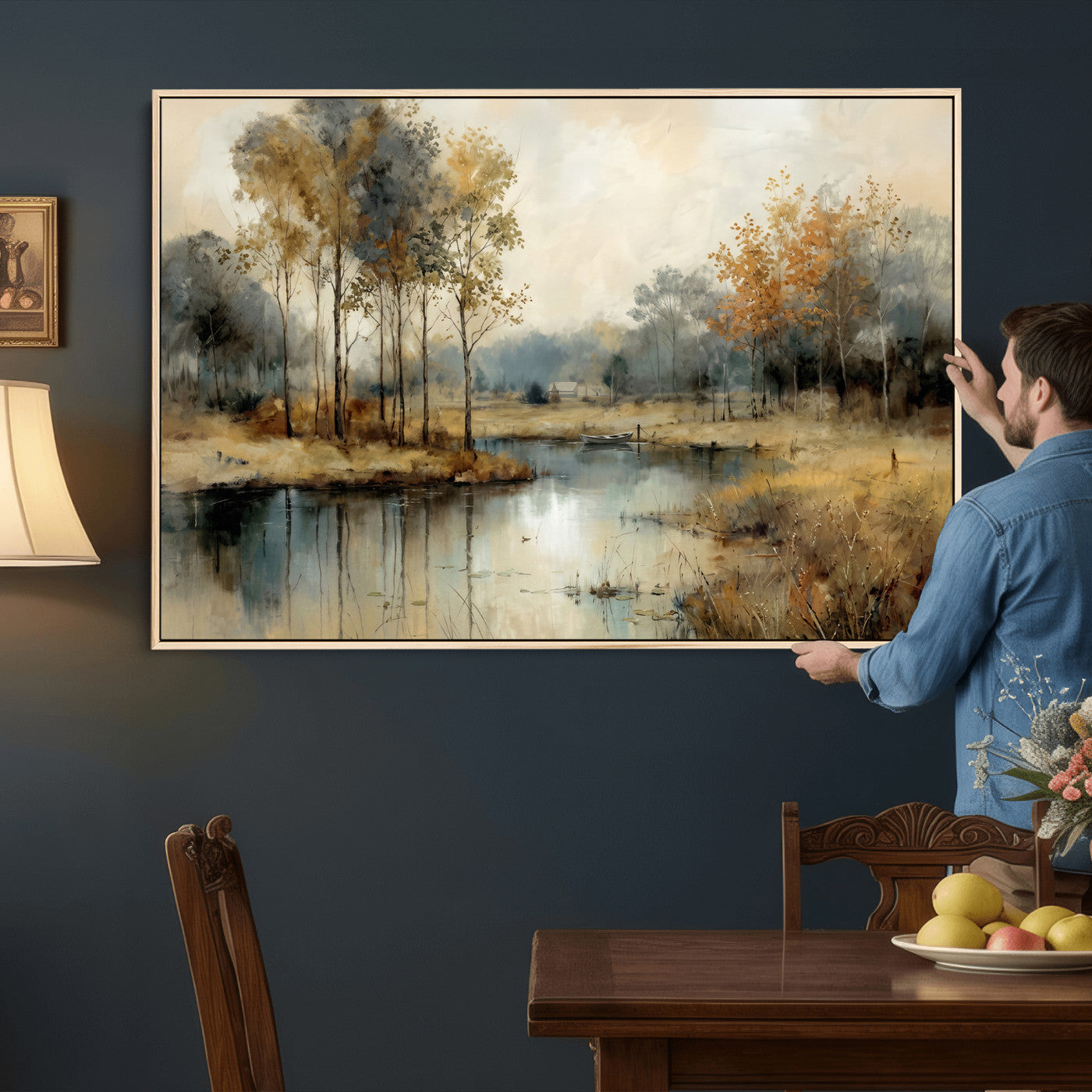 74391095-MGV-CV-36X24 - Abstract WatercolorAutumn Lake Canvas Wall Art Print, Misty Forest Landscape, Rustic Nature Painting, Cabin Wall Decor, Ready to Hang