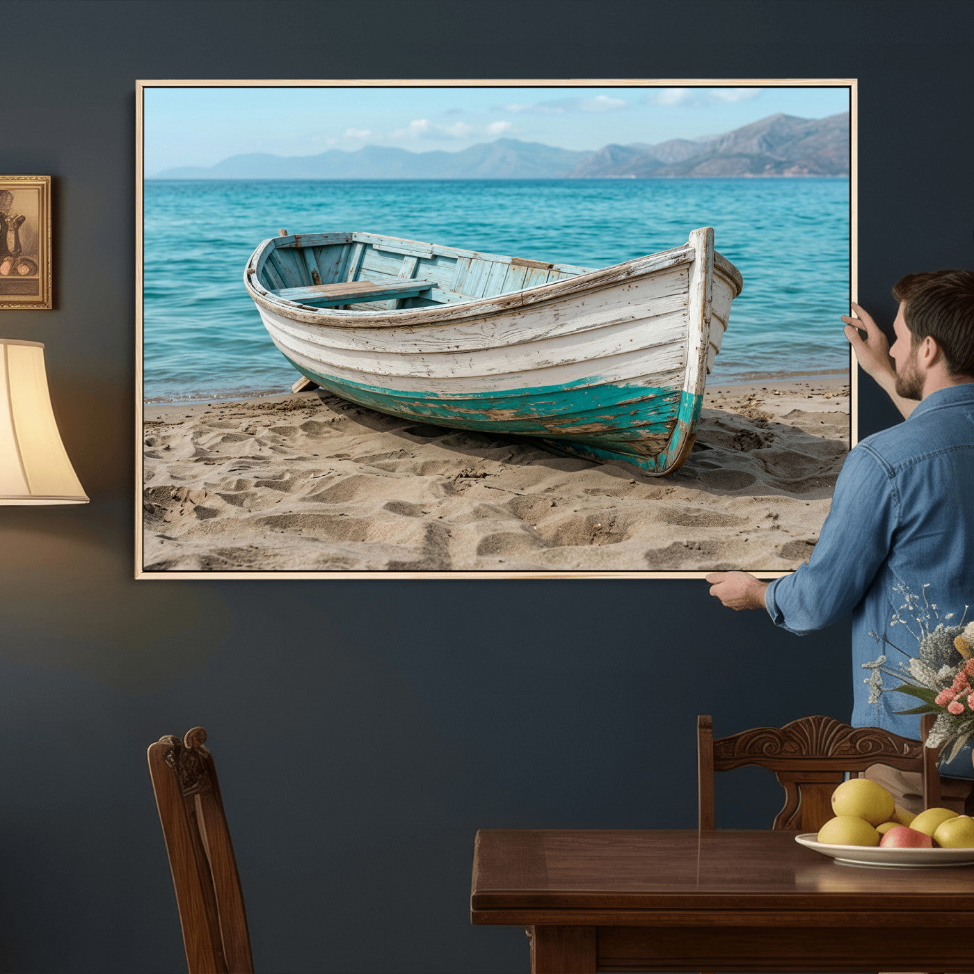 49963709-MGV-CV-36X24 - Coastal Boat Canvas Wall Art Print, Beach Boat Painting, Nautical Ocean Decor, Seascape Wall Art, Ready to Hang