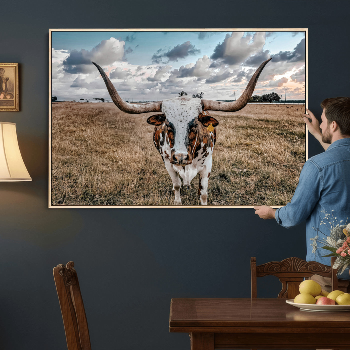 17464823-MGV-CV-36X24 - Texas Longhorn Canvas Wall Art Print, Western Cow Photography, Rustic Ranch Decor, Farmhouse Wall Art, Ready to Hang