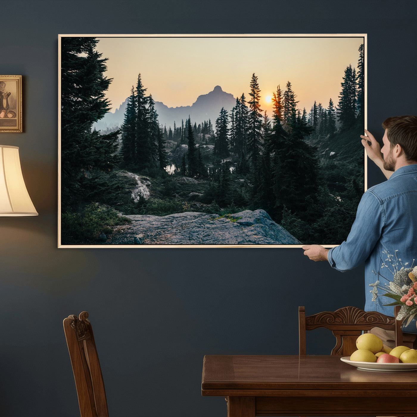 89996020-MGV-CV-36X24 - Mountain Forest Canvas Wall Art Print, Pine Tree Landscape, Sunset Nature Photography, Wilderness Wall Decor, Ready to Hang